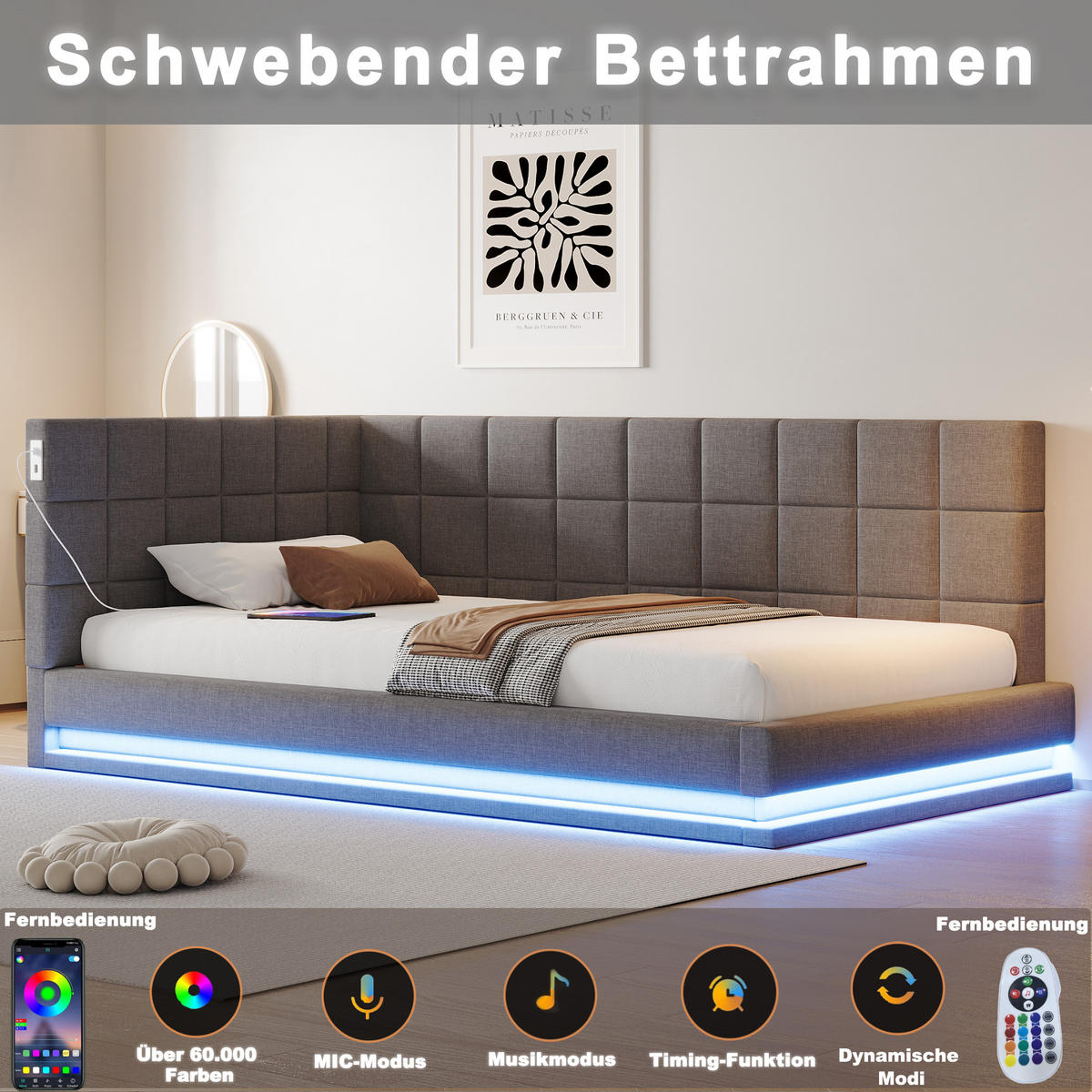 POLSTERBETT 90x200 cm mit LED, USB, Tagesbett, Grau - Grau, Holz (90/200cm)