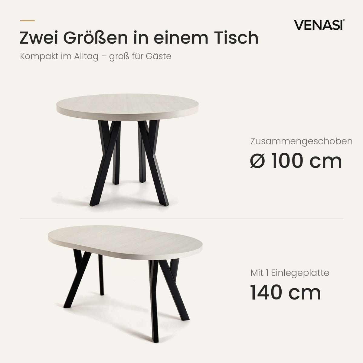 ESSTISCH ausziehbar rund 100-140 cm ATO Sosna, Auszugstisch mit Einlegeplatte - Schwarz/Kieferfarben, Holzwerkstoff (100/100/77cm) - VENASI MÖBEL