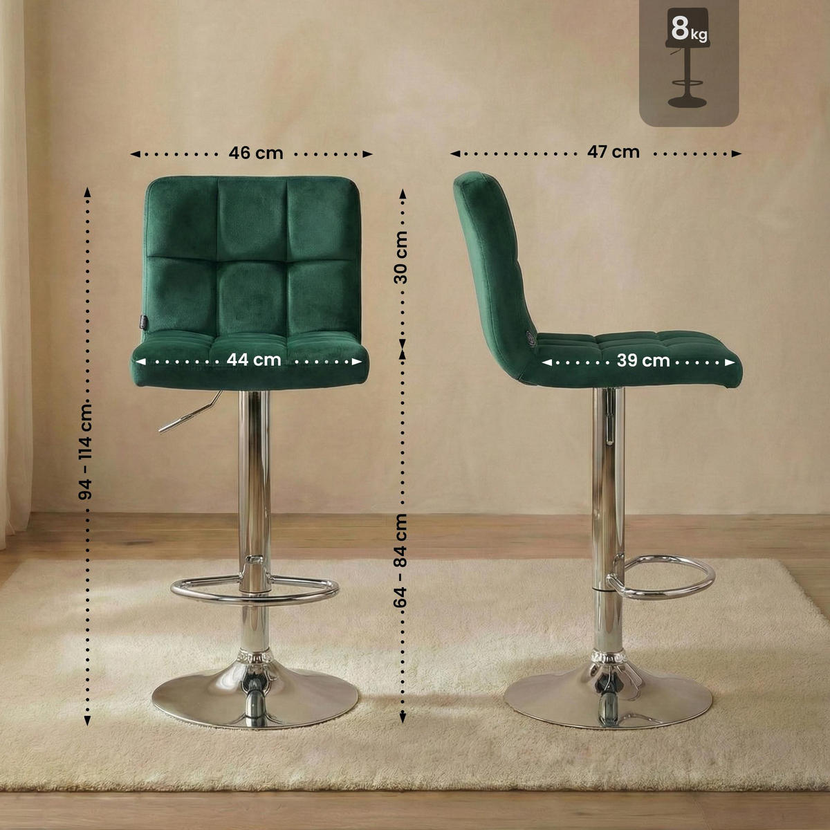 BARHOCKER Samt grün - Chromfarben/Grün, Textil/Metall (46/94/47cm) - CLP