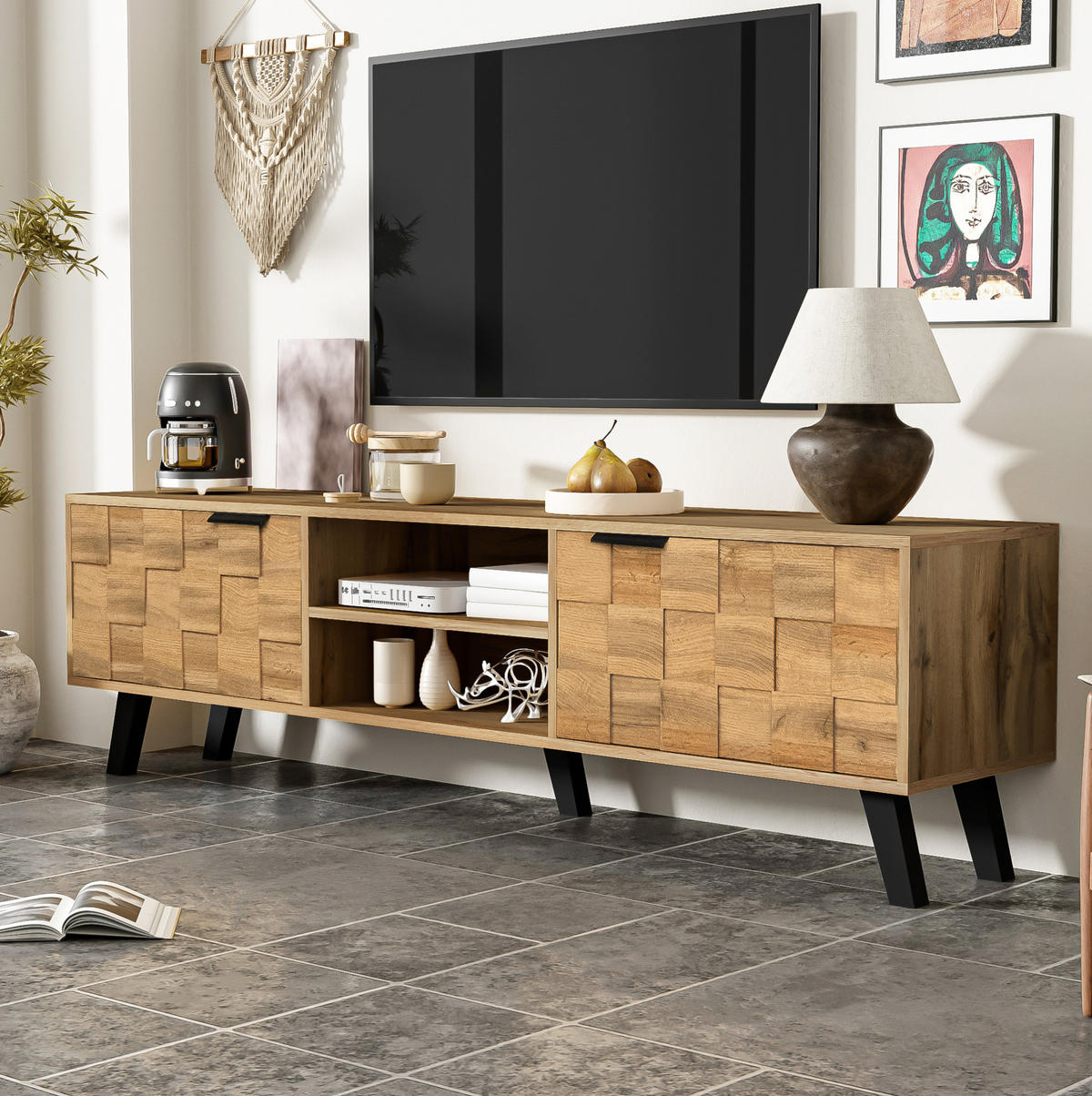 TV-SCHRANK 160,5/35,5/45 cm Holzoptik mit 2 Türen und 2 offenen Fächern - Naturfarben, Holzwerkstoff (160.5/45/35.5cm) - OKWISH