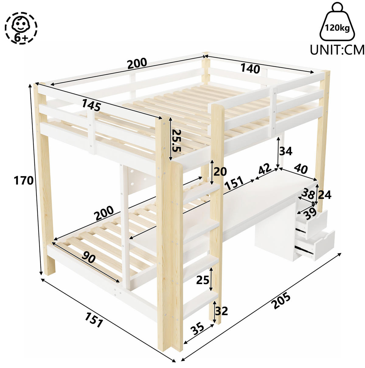 HOCHBETT 140/200 cm aus Kiefernholz mit Schreibtisch, Natur/Weiß - Naturfarben, Holz (140/200cm) - OKMYHOME
