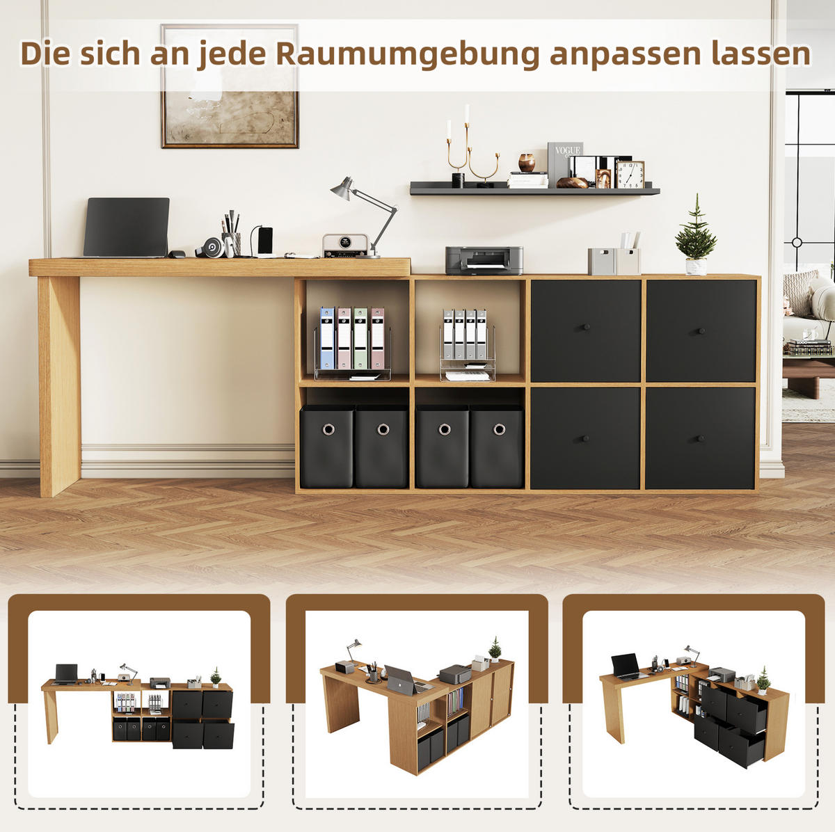 ANRICHTE 120/48/78 cm in Schwarz/Eiche mit 360° Drehfunktion und 8 Fächern - Eichefarben, Holzwerkstoff (140/74/35cm) - Flora Grace