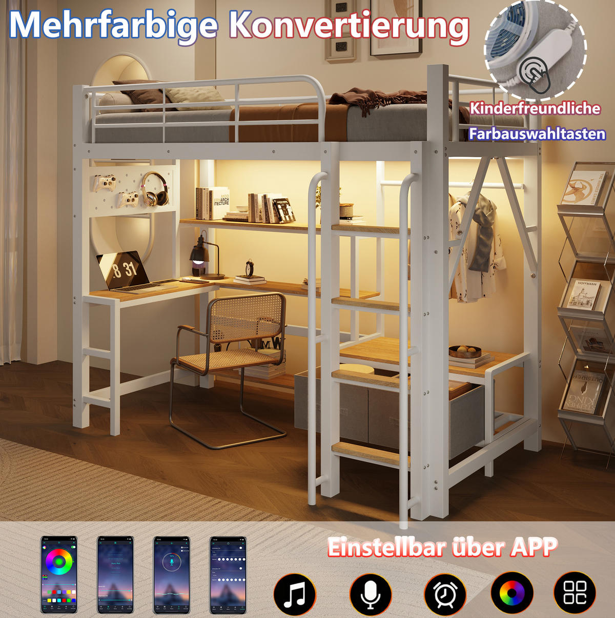 HOCHBETT aus Metall und MDF 90x200 cm Weiß mit Schreibtisch, LED-Beleuchtung und Stauraum - Weiß, Holzwerkstoff (90/200cm) - Modfu