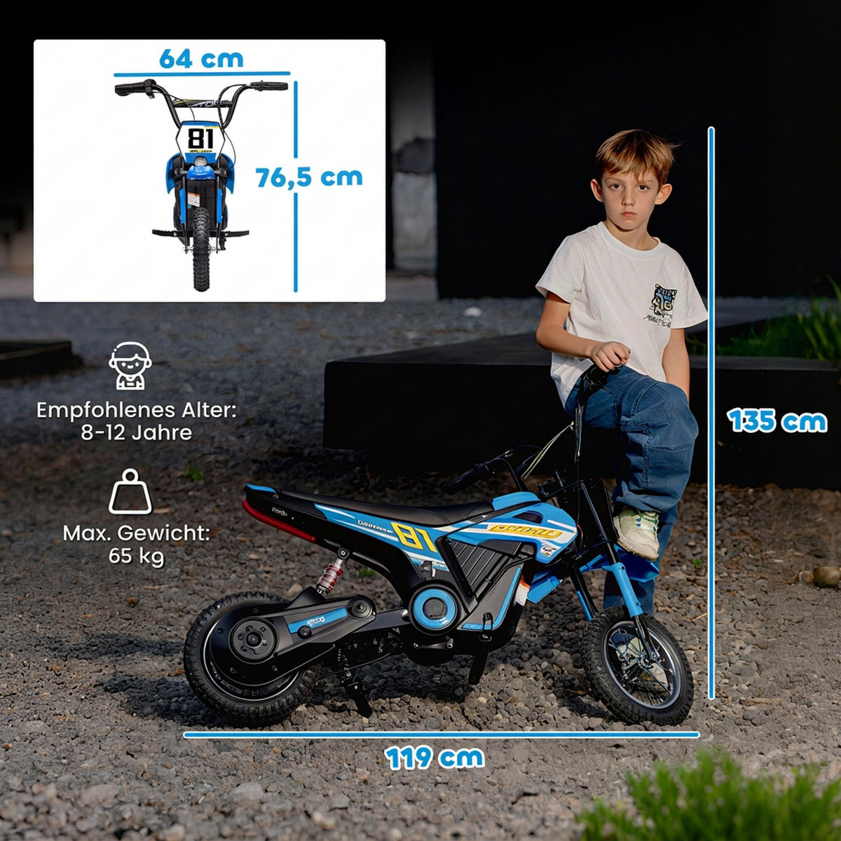 KINDER-MOTOCROSS Kunststoff Metall Blau - Blau, Kunststoff (119/64/76.5cm) - AIYAPLAY