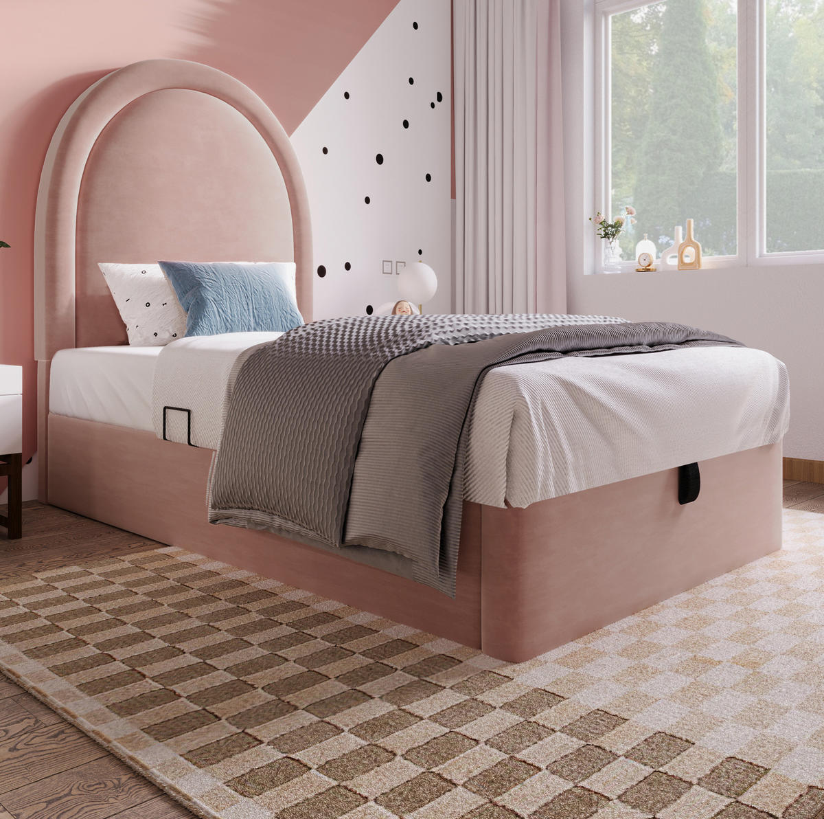 KINDERBETT Polsterbett 90/200 cm aus Samt mit Bettkasten und hydraulischem Lattenrost Rosa - Rosa, Textil (90/200cm) - Modenvie