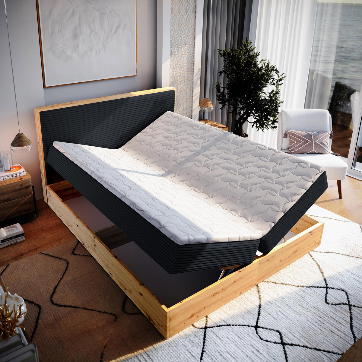 BOXBETT VERDON 180x200 cm mit Matratze und Topper - Schwarz - Schwarz, Holz (180/200cm) - MASSENO