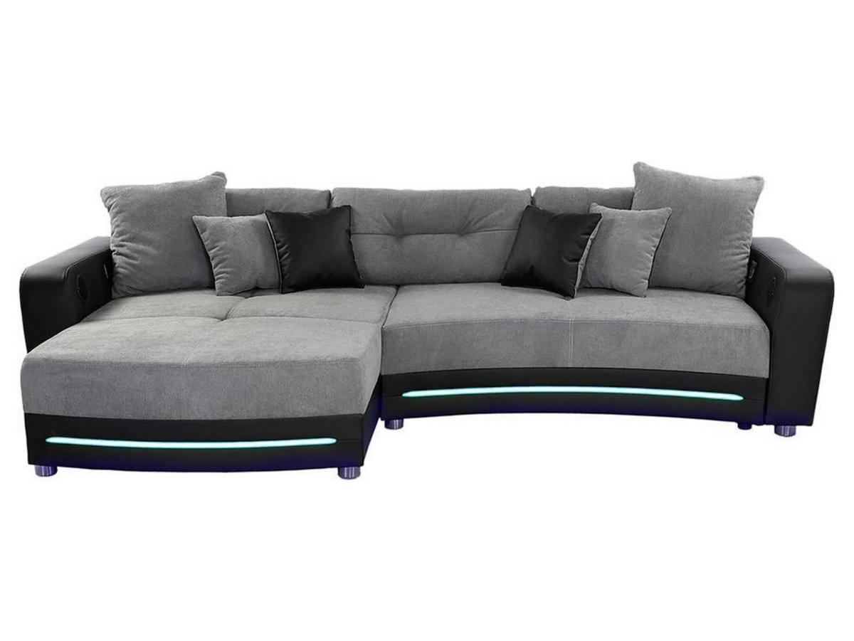MULTIMEDIA-ECKSOFA Soundsystem RGB-LED Beleuchtung Bluetooth USB AUX-in,seitenverkehrt montierbar B322/T190/H88cm,Kunstleder Schwarz-Mikrof.Grau/15411 - Chromfarben/Schwarz, Textil/Metall (322/88/190cm) - luma-home