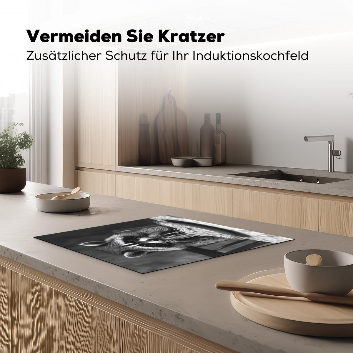 HERDABDECKPLATTE Waschbär - Niedlich - Pasta - Tischtuch - Schwarz - Weiß Herdabdeckung Induktionsfeld 60x52 cm - Grau, Kunststoff (60/52/0.2cm) - MuchoWow