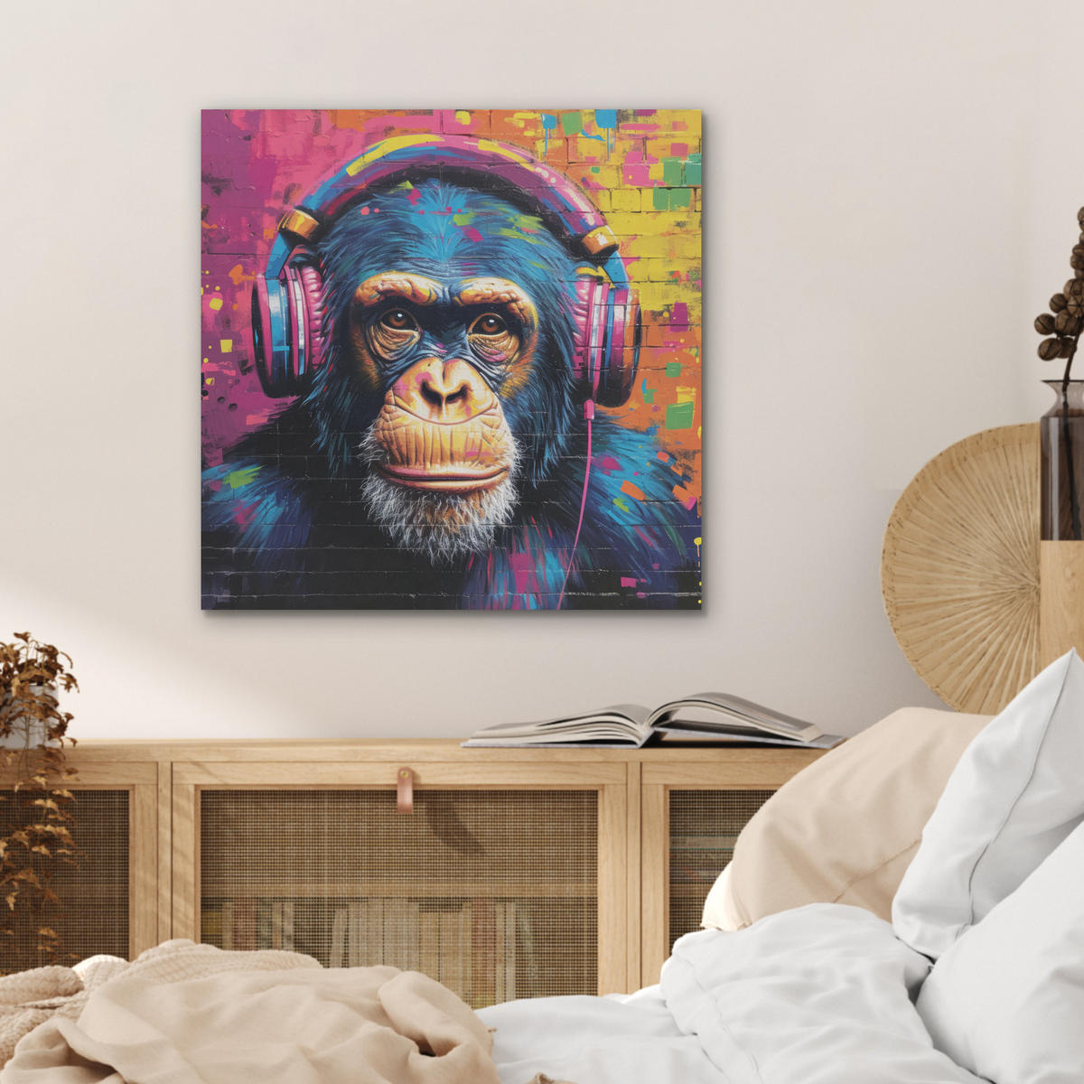 AKUSTIKBILD Graffiti - Schimpanse - Straßenkunst - Kopfhörer - Affe Wandbilder 60x60 cm - Blau, Kunststoff (60/60/0.9cm) - MuchoWow