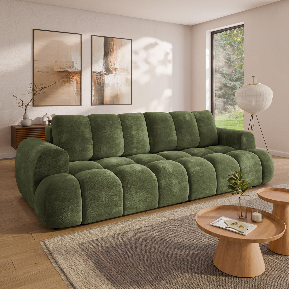 BETTSOFA DAFNE Grün Chenille-Stoff mit Schlaffunktion - Grün, Textil (300/88/113cm) - MASSENO