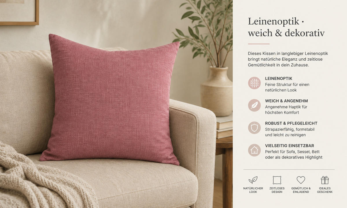 KISSENBEZUG Leinenoptik 50/50 cm Altrosa - Altrosa, Textil (50/50cm) - TiborTex
