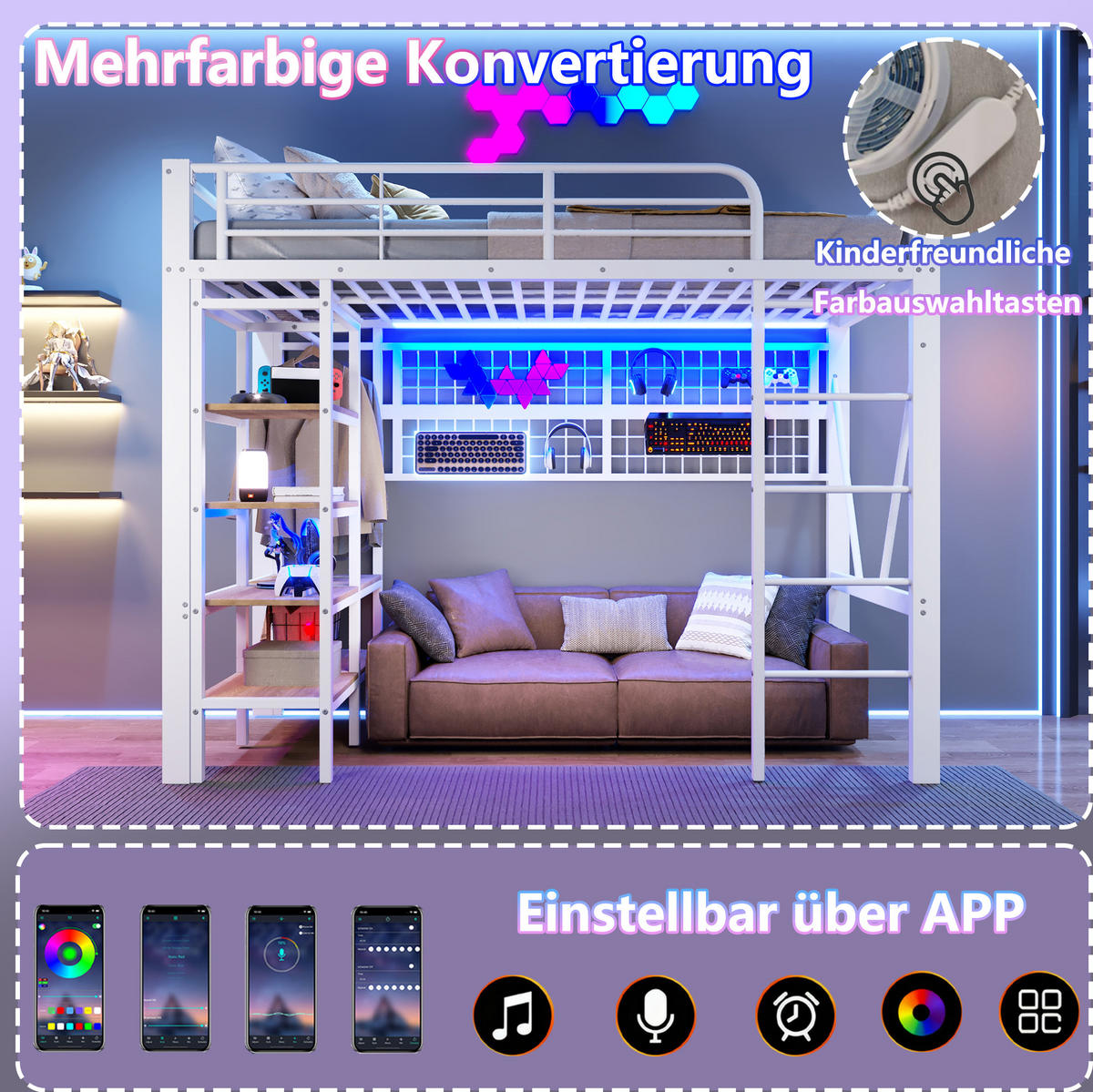 HOCHBETT 90/200 cm Weiß aus Metall und MDF mit LED-Lichtleiste - Weiß, Metall (90/200cm) - OKMYHOME
