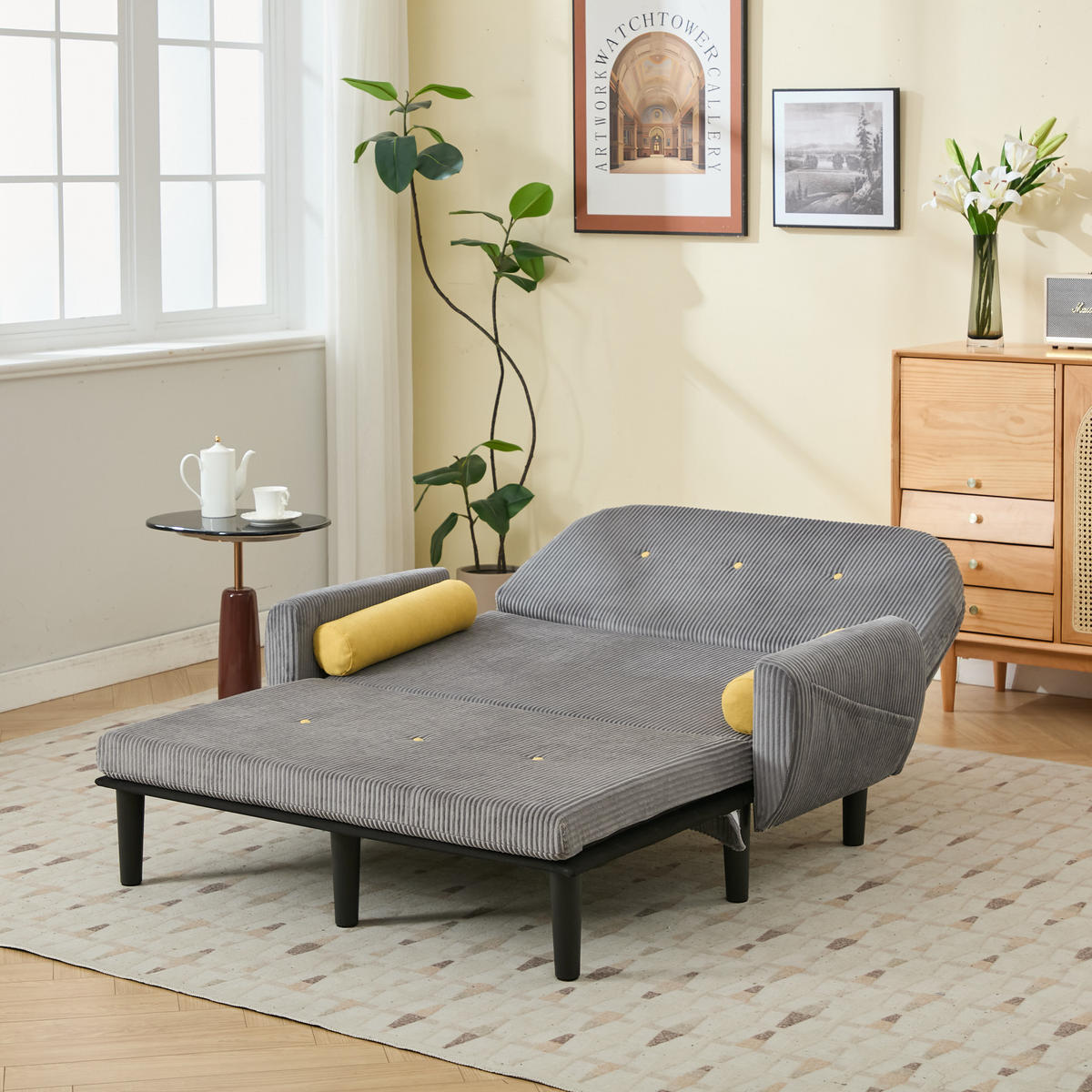 2-SITZER SCHLAFSOFA Cord Grau mit verstellbarer Rückenlehne und 2 Kissen - Grau, Kunststoff/Textil (133.5/85/77cm) - WISHDOR