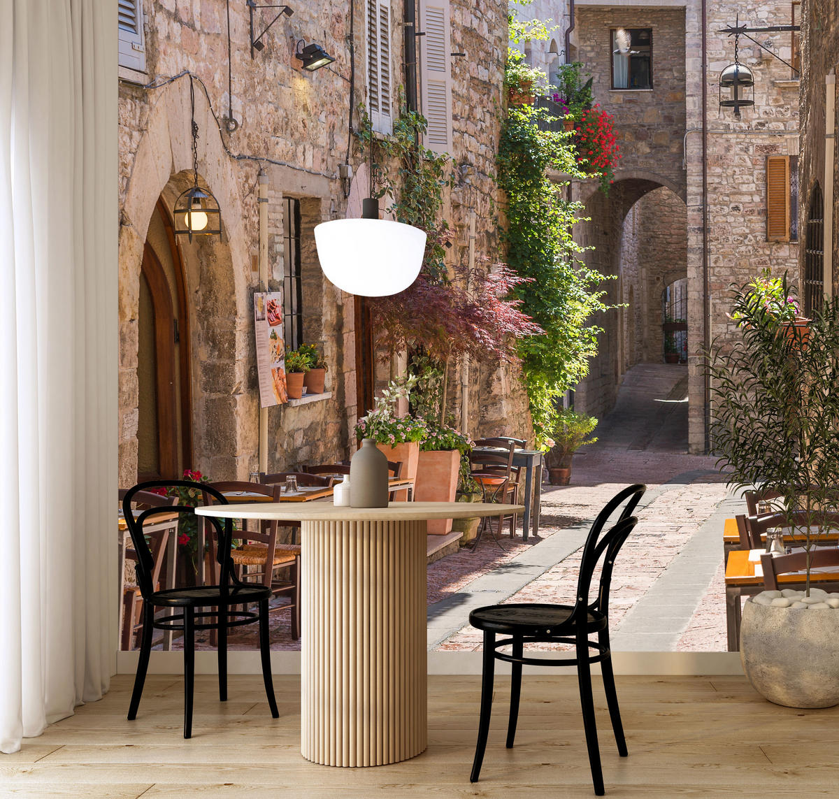 FOTOTAPETA Pre Obývaciu Izbu Talianska Kamenná Ulica S Reštauráciou Rustikálna 500 x 350 cm - oranžová/hnedá, papier (500/350cm) - Muralo