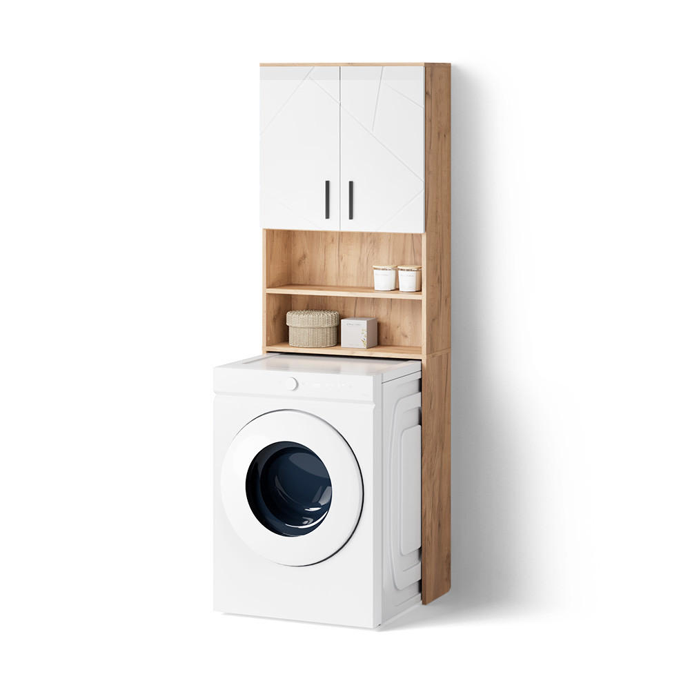 WASCHMASCHINENSCHRANK Ronco Weiß Hochglanz/Goldkraft Eiche 64 x 190.5 cm - Weiß Hochglanz/Eiche Wotan, Holzwerkstoff (64/190.5/26cm) - Livinity®