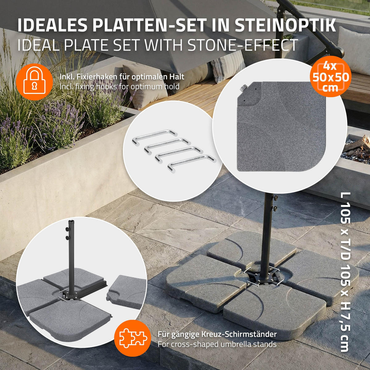 ZÁVAŽÍ NA SLUNEČNÍK 4dílné v kamenném vzhledu z plastu - šedá, plast (105/105cm) - ML-DESIGN