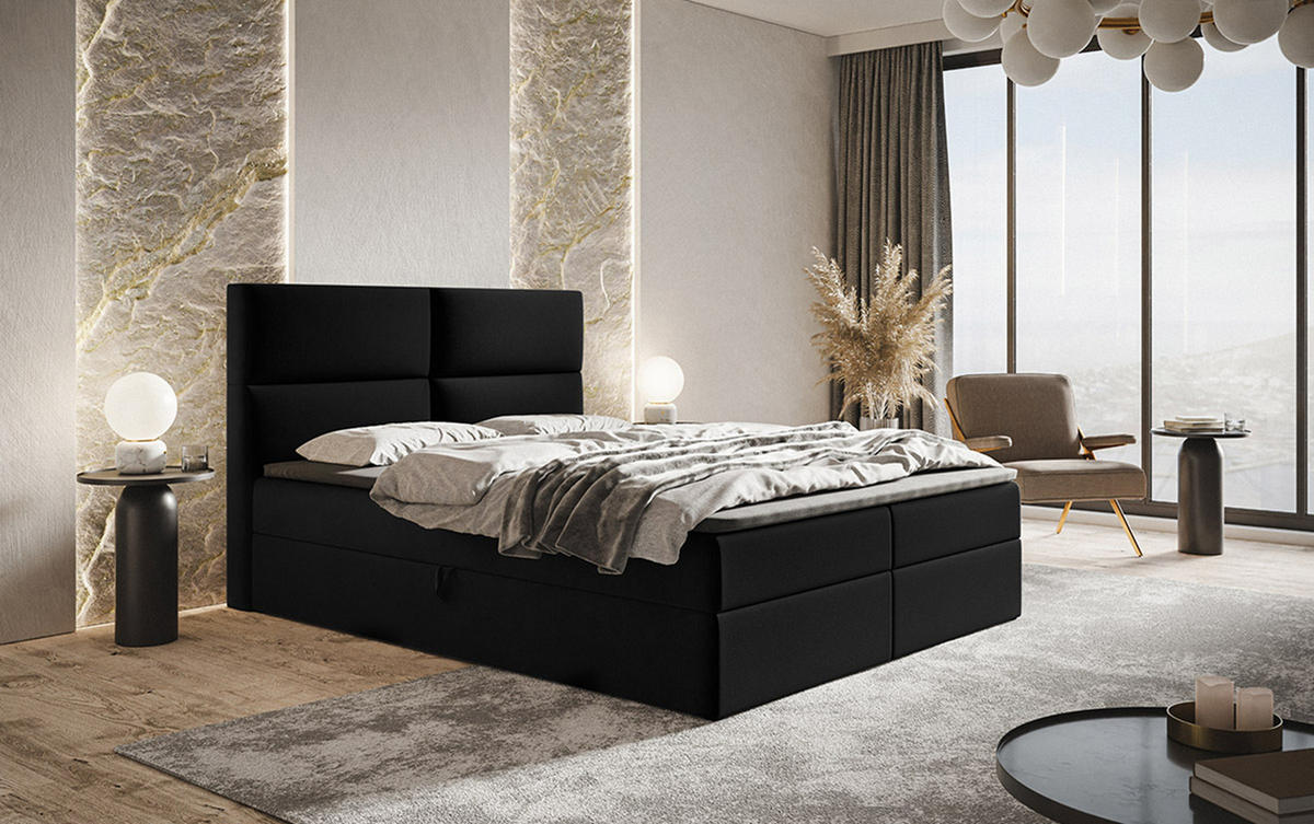 BOXBETT Bonio III 180/200 cm in Schwarz – mit Bettkasten und Topper - Schwarz, Holz/Holzwerkstoff (180/200cm) - AX Living