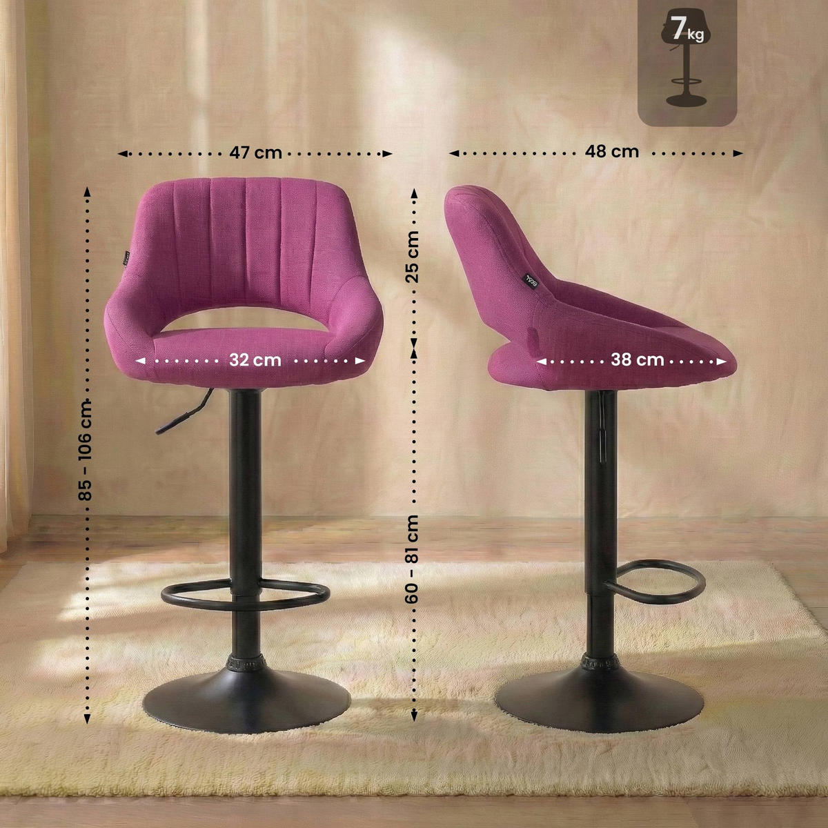 BARHOCKER Milet 47x48x85 cm lila - Lila, Textil (47/85/48cm) - furnicato