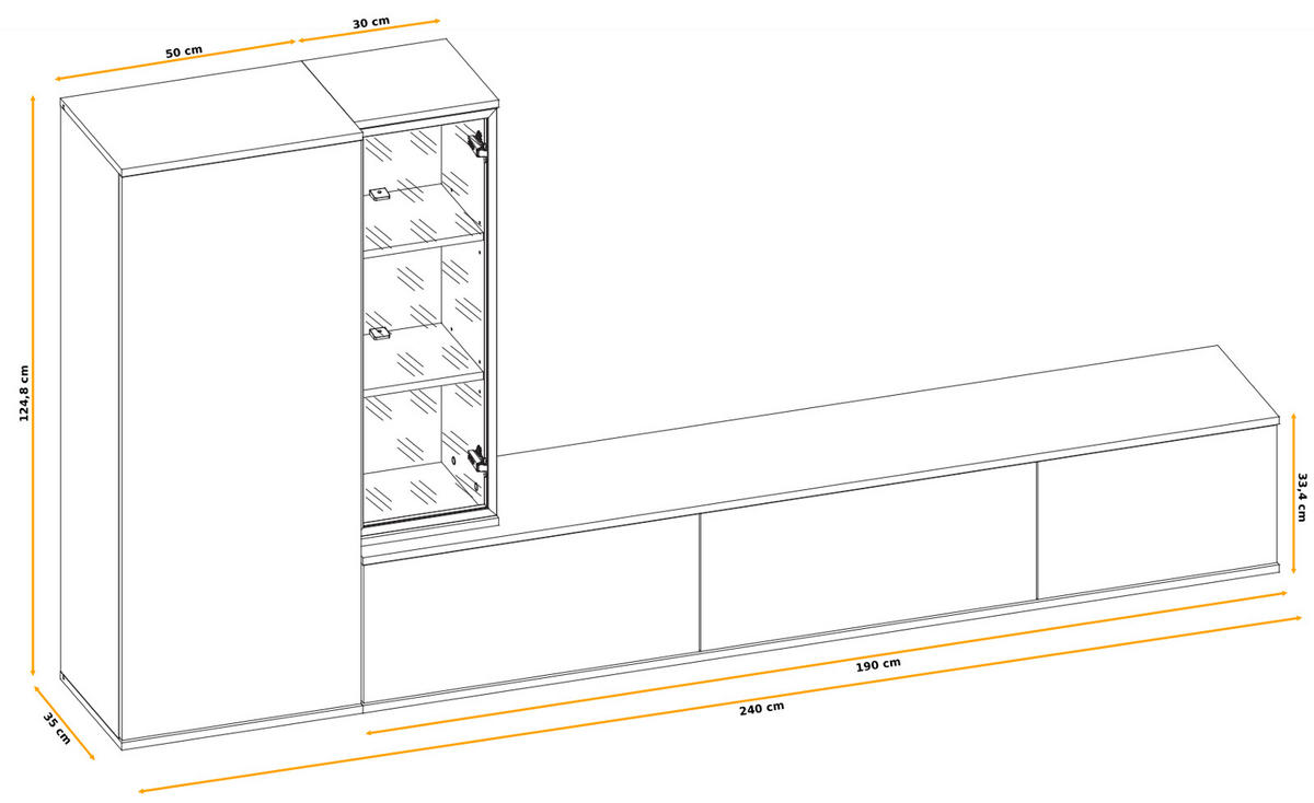 WOHNWAND Eiche, Kaschmir hängend 240 cm, Schrankwand mit Push-to-Open inklusive Beleuchtung - Kaschmir/Eichefarben, Glas/Holzwerkstoff (240/125/35cm) - Furn.Design