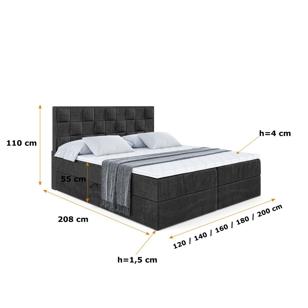 BOXBETT mit H4-Matratze und Lattenrost- ZAFIRA-BZ - 180x200 - Schwarz Samt - Schwarz, Holzwerkstoff (180/200cm) - ALTDECOR