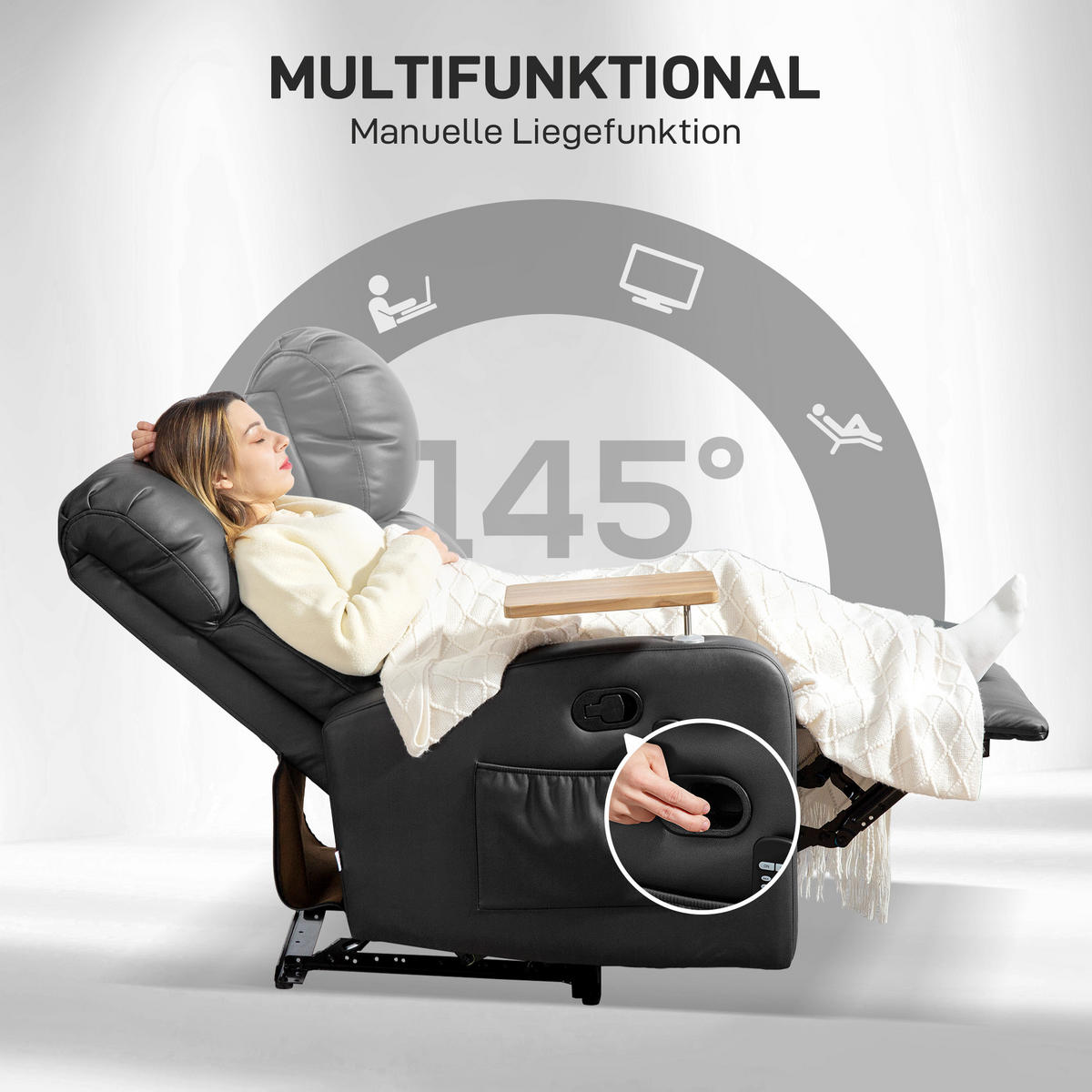 RELAXSESSEL mit Massagefunktion, Seitentasche und Becherhalter, Mikrofaser, Schwarz - Schwarz, Metall (77/105/93cm) - HOMCOM
