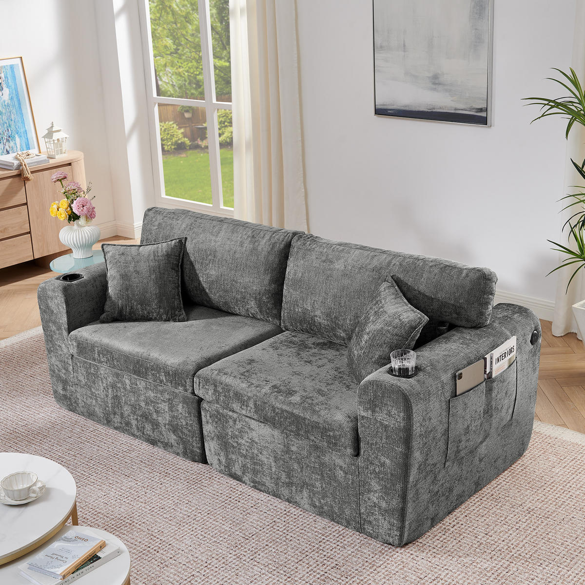 2-SITZER SOFA Chenille Gray mit USB-Ladefunktion, Magazintasche, Getränkehalter und Kissen - Grau, Textil (220/89/100cm) - WISHDOR