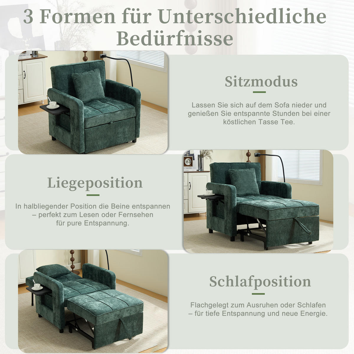 SOFA Chenille Grün mit Stauraum, Tablett und Kissen - Grün, Textil/Metall (79/83/167cm) - WISHDOR