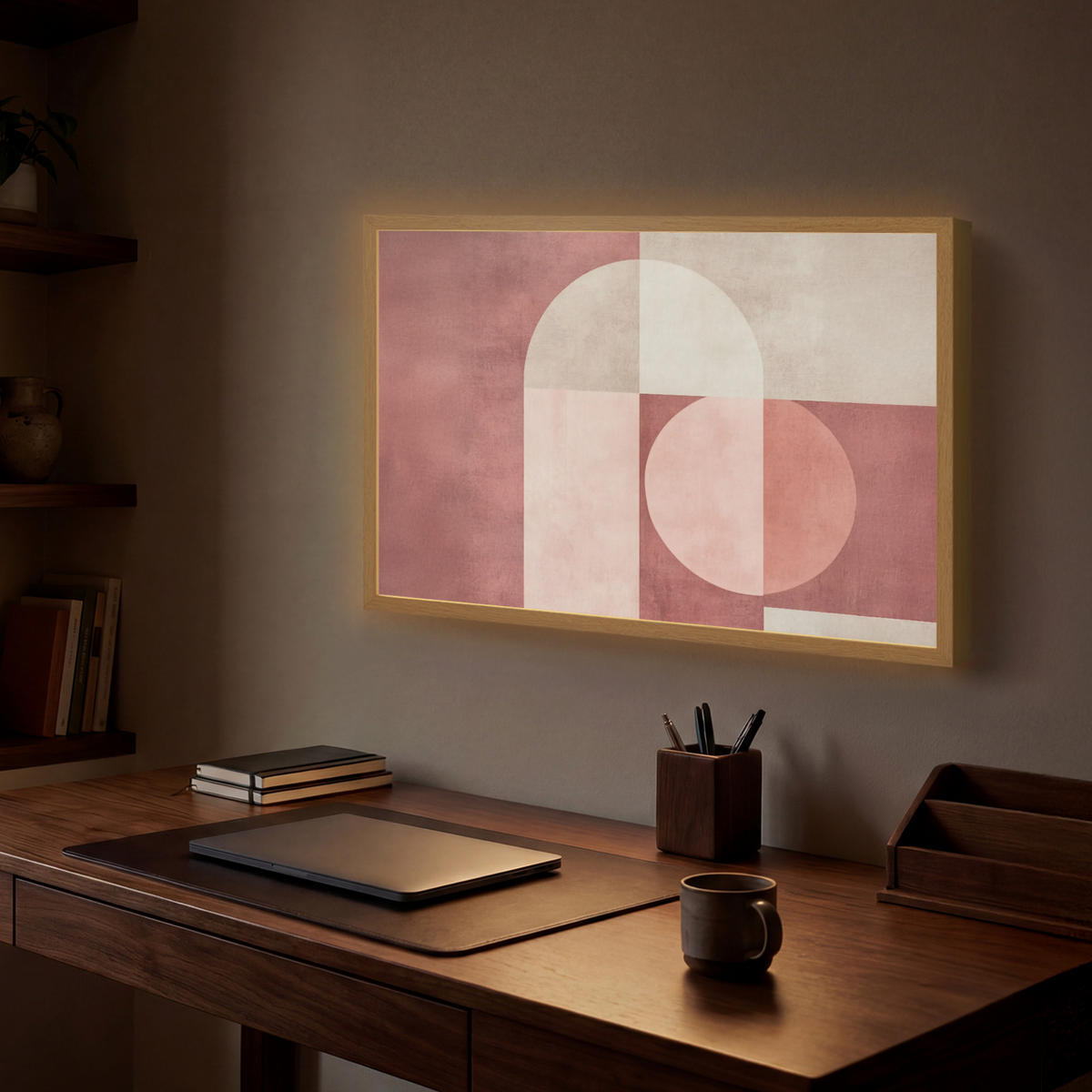 NÁSTĚNNÁ LAMPA S AKUMULÁTOREM Postavy - Abstraktní - Růžová 60x40 cm - starorůžová, kompozitní dřevo (60/40/8cm) - OnlyWow