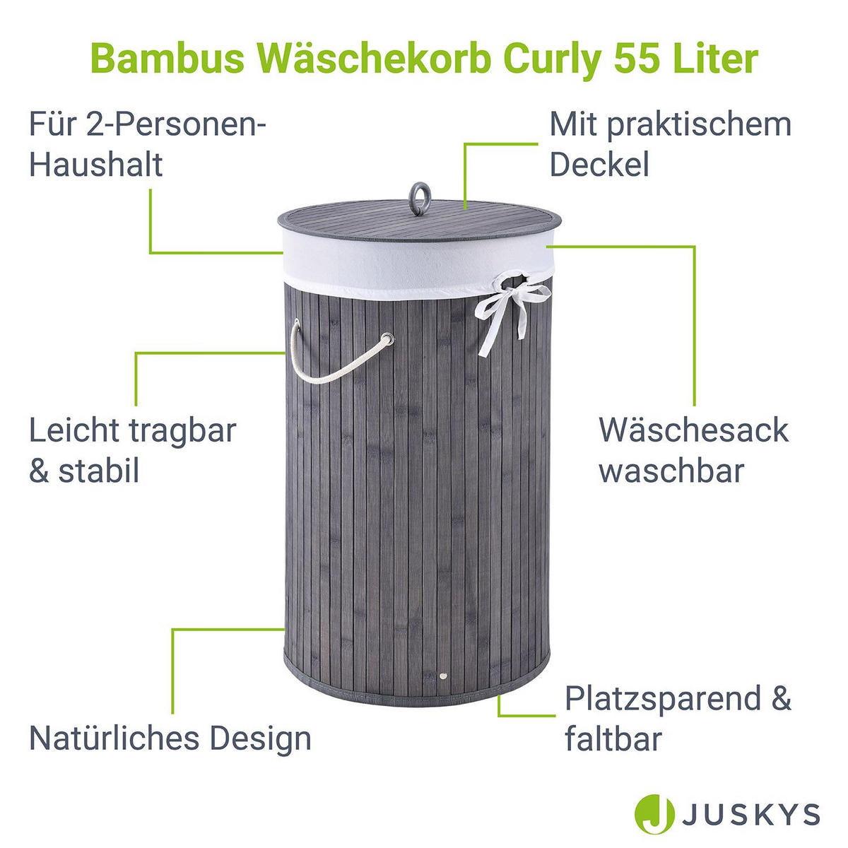WÄSCHEKORB Curly-Round 55 L grau - Grau, Holz (35/60/35cm) - Juskys