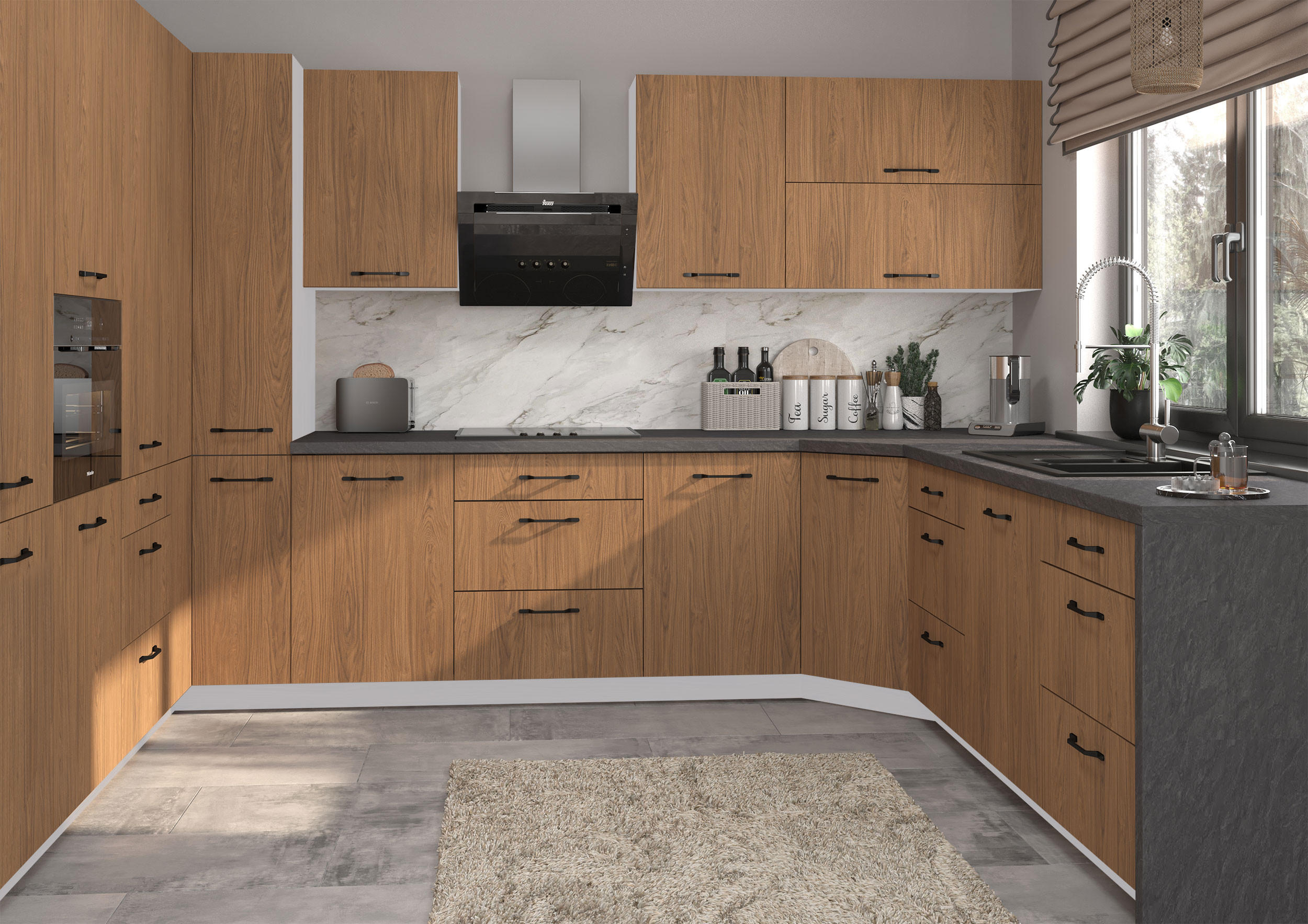 KÜCHENZEILE Casella 15-teilig Grau / Casella Eiche Natur braun - Dunkelbraun/Grau, Holzwerkstoff/Metall (360/207/270cm) - Feldmann-Wohnen