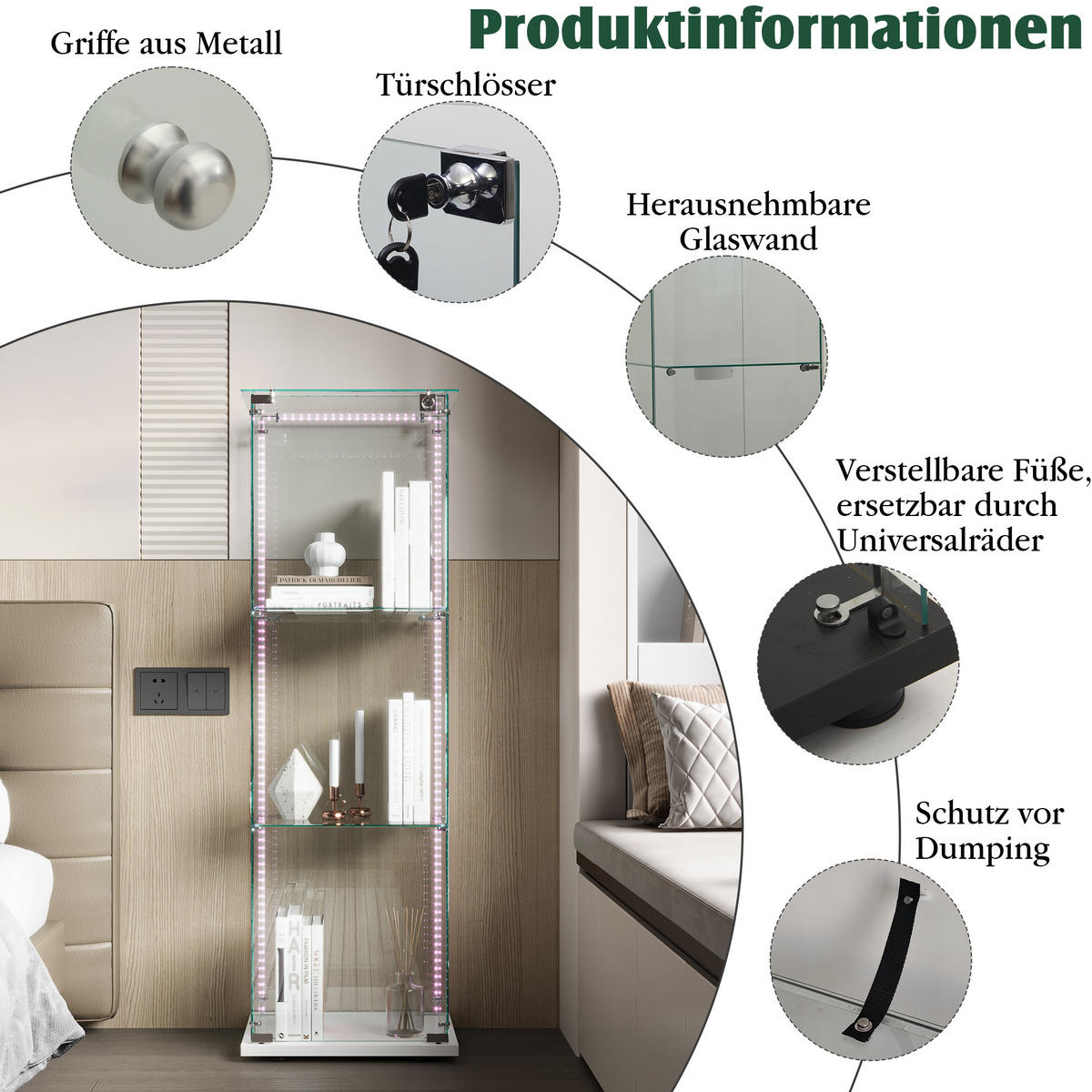GLASVITRINE Standvitrine Mit LED, Schloss, 3 Regale, Weiß, Für Sammler - Weiß, Holz (35/123.3/39.8cm)