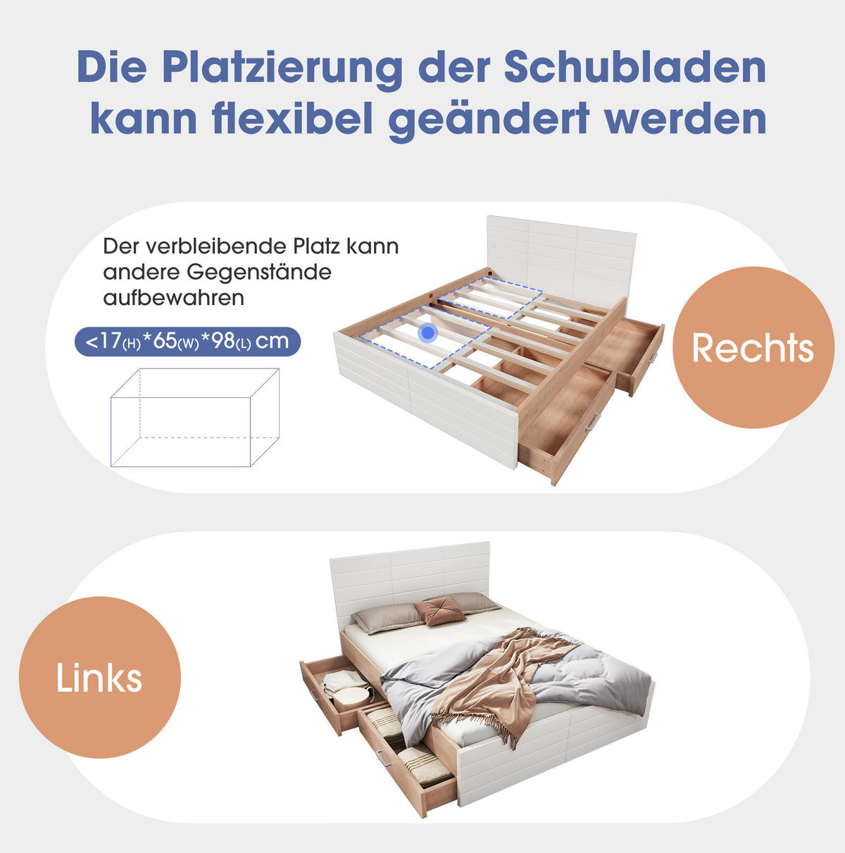 POLSTERBETT aus Massivholz und MDF 180x200 cm in Weiß mit 2 Schubladen - Weiß, Holzwerkstoff (180/200cm) - Modfu