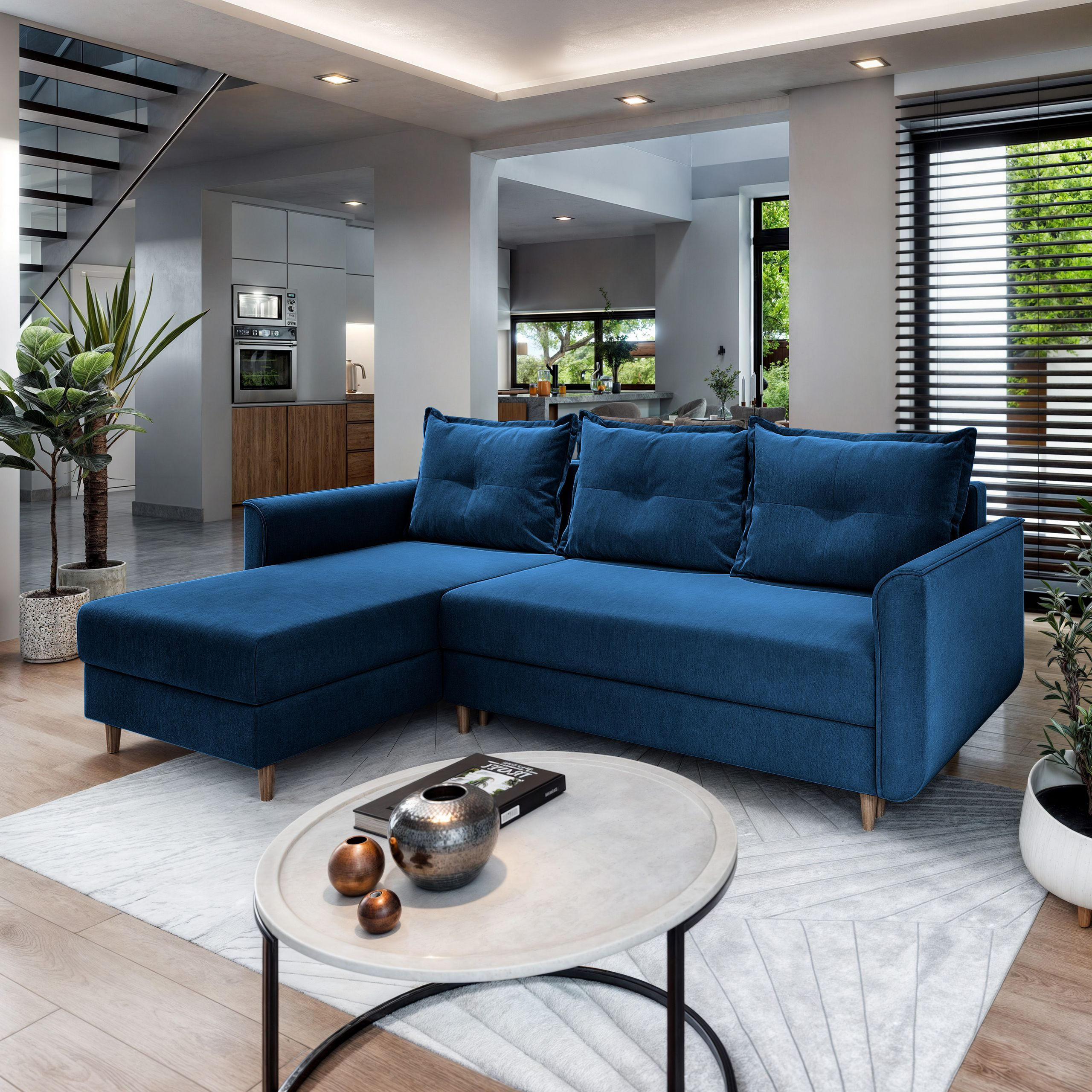 ECKSOFA PISAN L-S Blau Plüsch-Stoff mit Schlaffunktion - Blau, Holz (220/140cm) - MASSENO