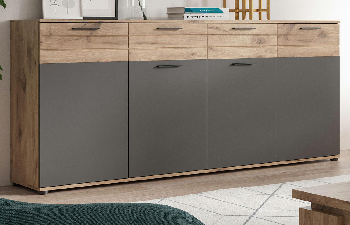 SIDEBOARD Eiche, grau 180 cm, Kommode mit Soft-Close, Wohn- und Esszimmermöbel - Eichefarben/Schwarz, Holzwerkstoff/Kunststoff (180/87/40cm) - Inn.Furn
