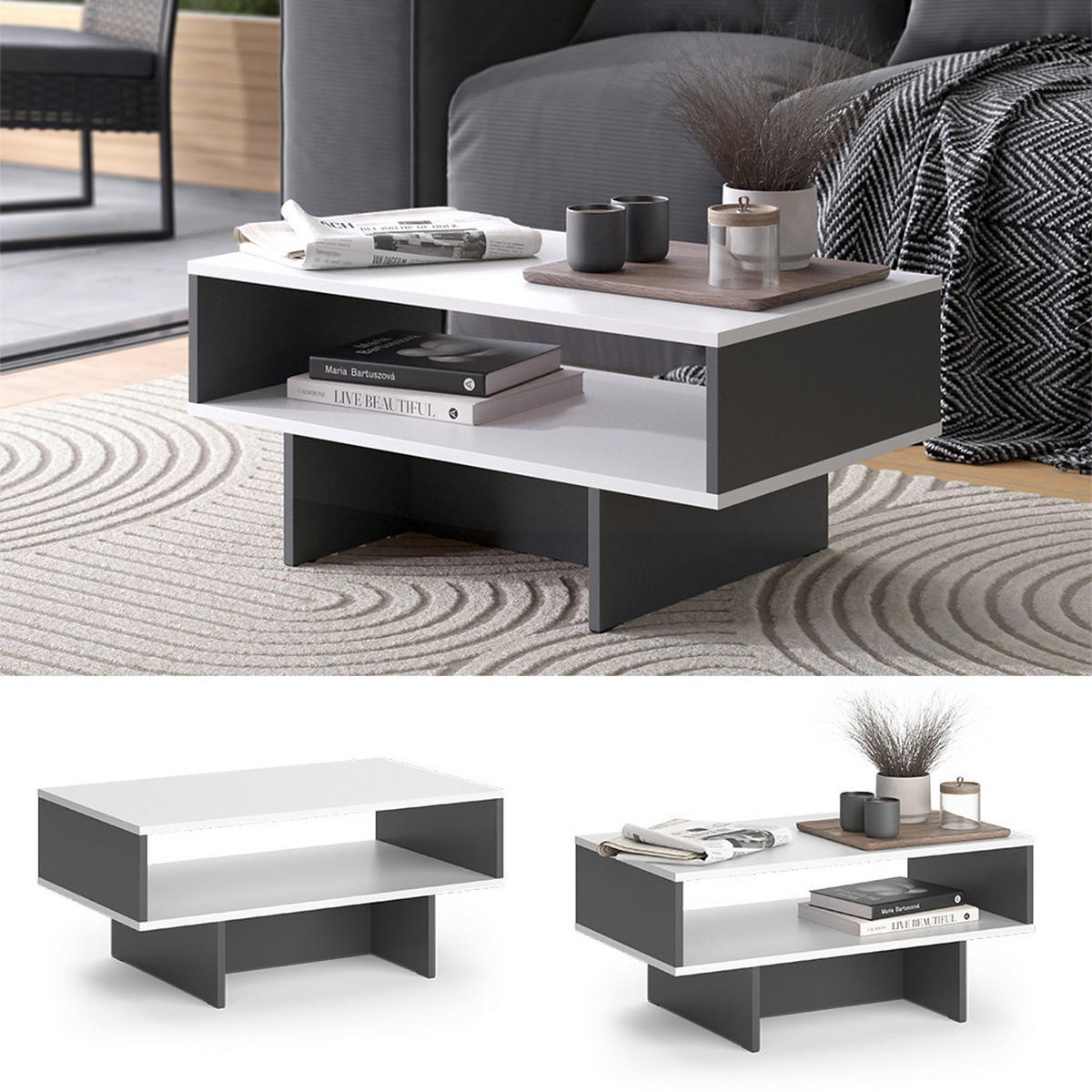 COUCHTISCH Josef Weiß/Anthrazit 80 x 46,2 cm mit 1 Regal - Anthrazit/Weiß, Holzwerkstoff (46.2/80/35.4cm) - Vicco