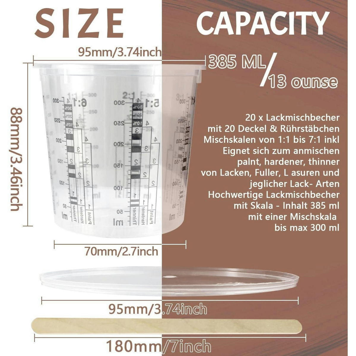 LACKMISCHBECHER 385 ml 20er Set mit Rührhölzern - Transparent, Kunststoff (0.385L)