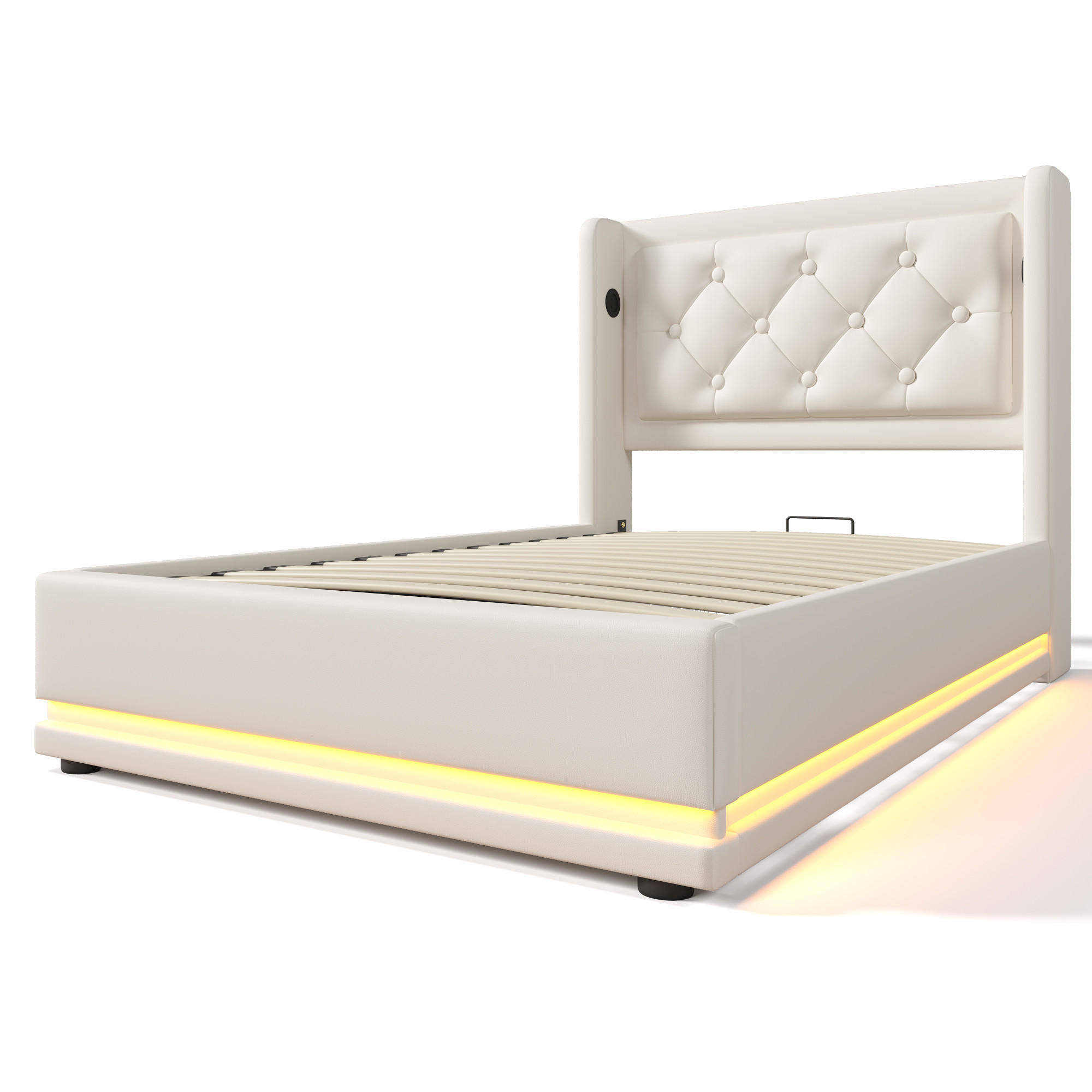 POLSTERBETT aus Kunstleder 90x200 cm in Weiß mit LED & USB/Typ-C - Weiß, Leder (90/200cm) - Modfu