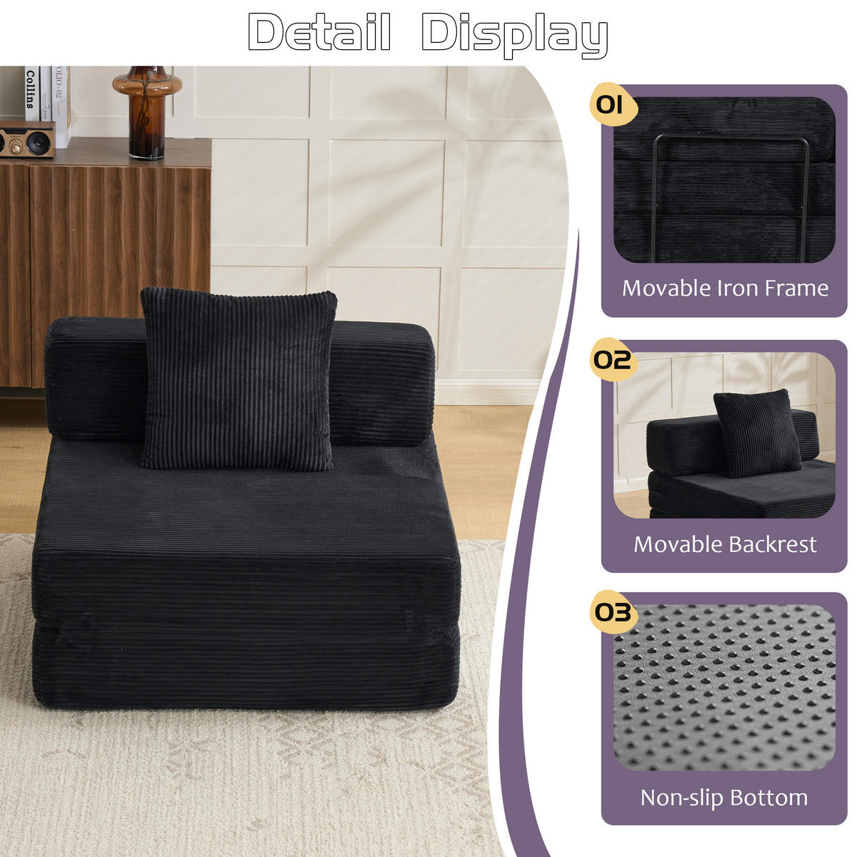 SCHLAFSOFA DE-33494 faltbar mit Rücken- und Armlehne Schwarz - Schwarz, Textil (92.5/60/92.5cm) - ComfortXL