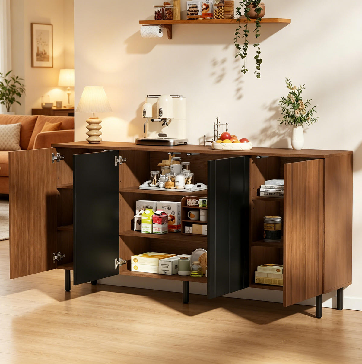 SIDEBOARD 160/35/80 cm walnussfarben/schwarz aus Spanplatte mit 4 Türen - Walnussfarben, Holzwerkstoff (160/80/35cm) - OKWISH