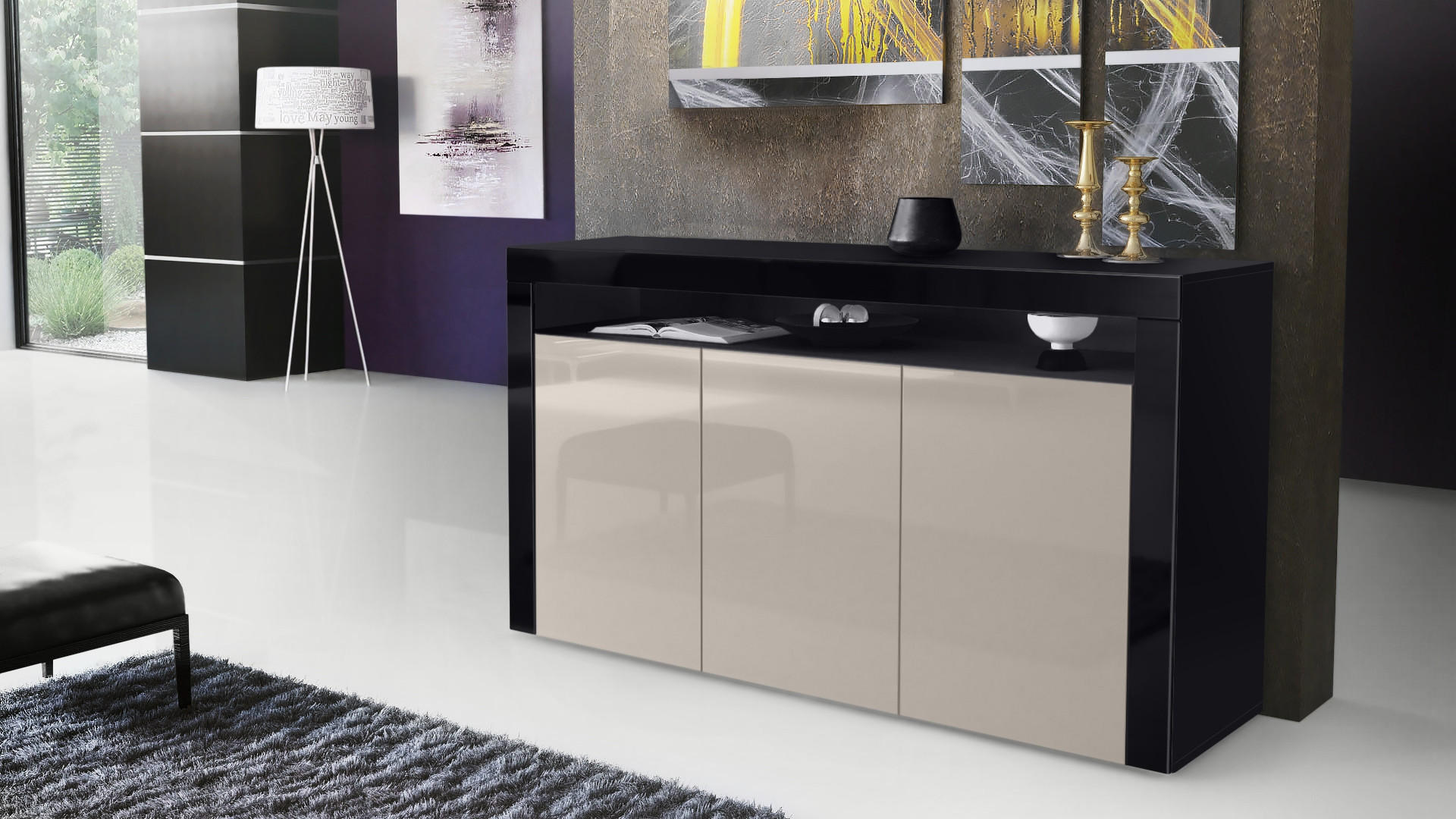 SIDEBOARD Valencia Sandgrau Hochglanz / Schwarz Hochglanz - Sandfarben, Holzwerkstoff (155/92/40cm) - Vladon