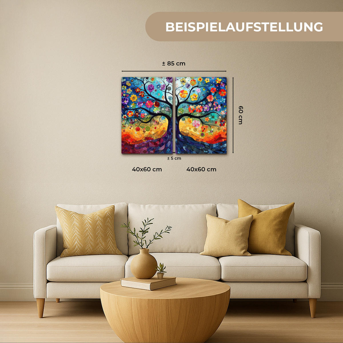 LEINWANDBILD 2er Set Bunt - Baum des Lebens - Blumen - Abstrakt 80x60 cm - Blau, Textil (80/60cm) - MuchoWow