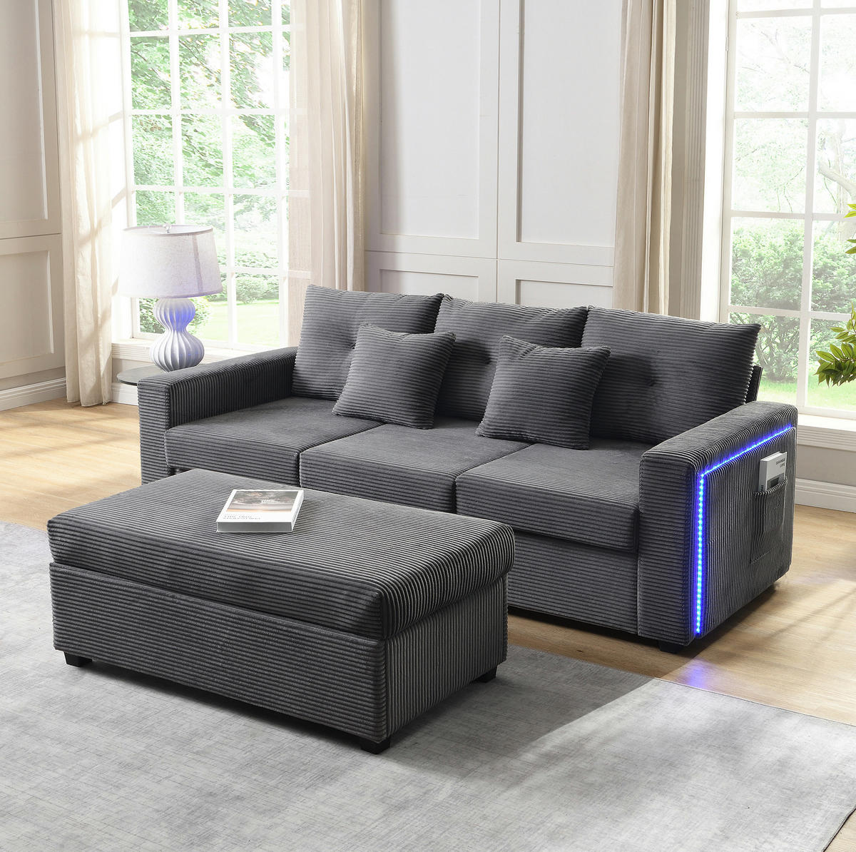 SOFA mit LED und Hocker L-Form Cord Antique Gray 5-Kissen-Set - Grau, Kunststoff (184/84.5cm) - IVMEU