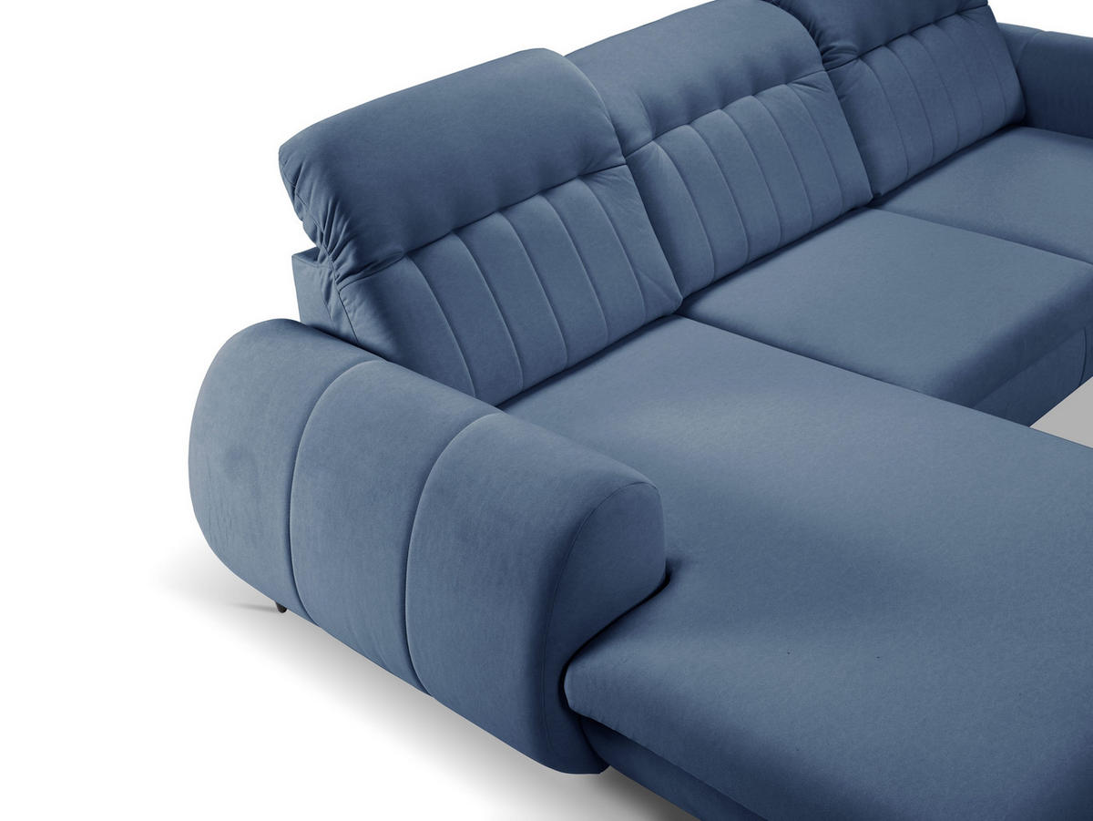 ECKSOFA PURO L-S Dunkelblau Plüsch-Stoff mit Schlaffunktion - Dunkelblau, Holz (275/166cm) - MASSENO