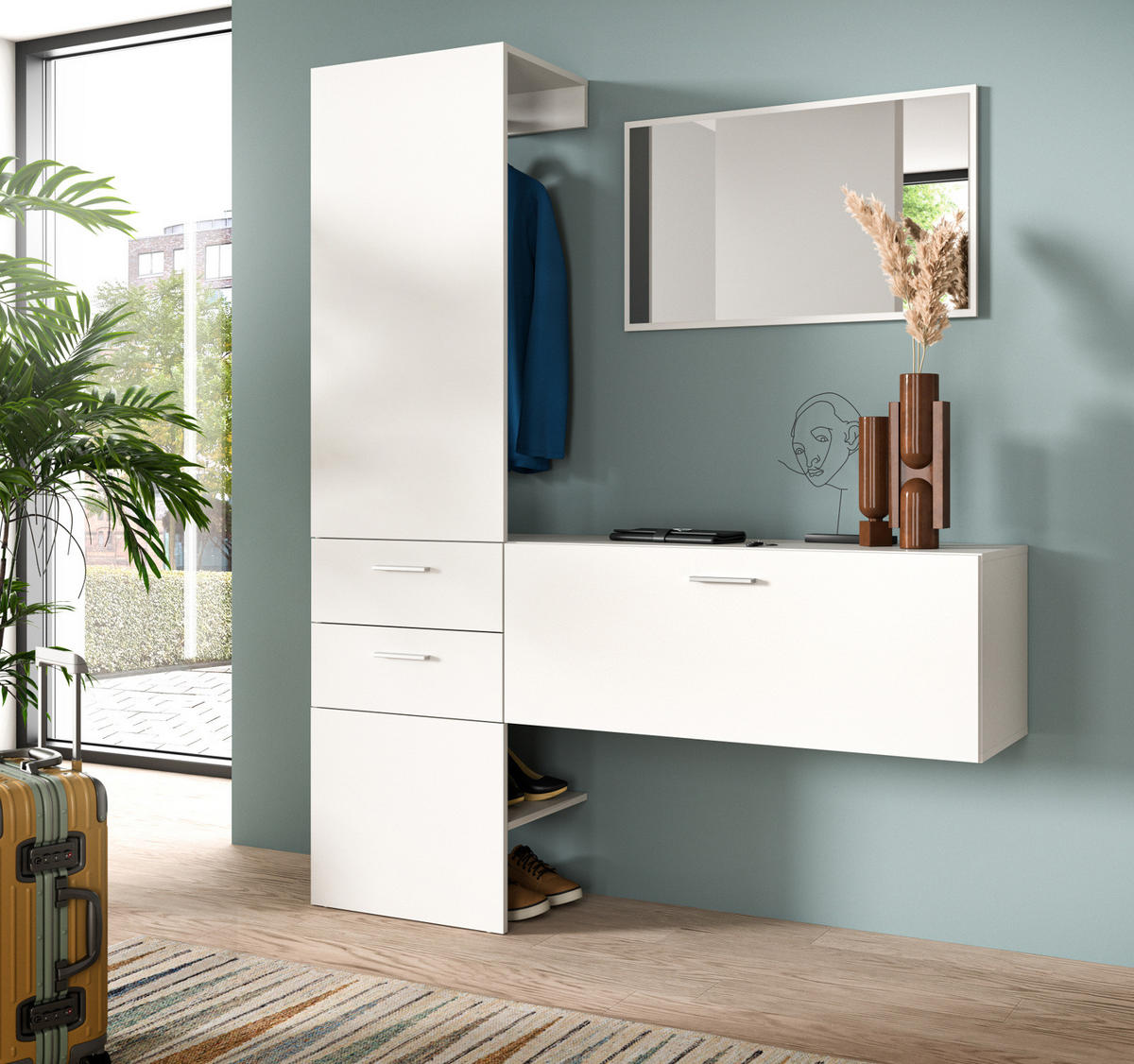 GARDEROBE Set 3-teilig weiß 156 cm, Komplettset mit Spiegel - Silberfarben/Weiß, Glas/Holzwerkstoff (52/190/36cm) - Inn.Furn