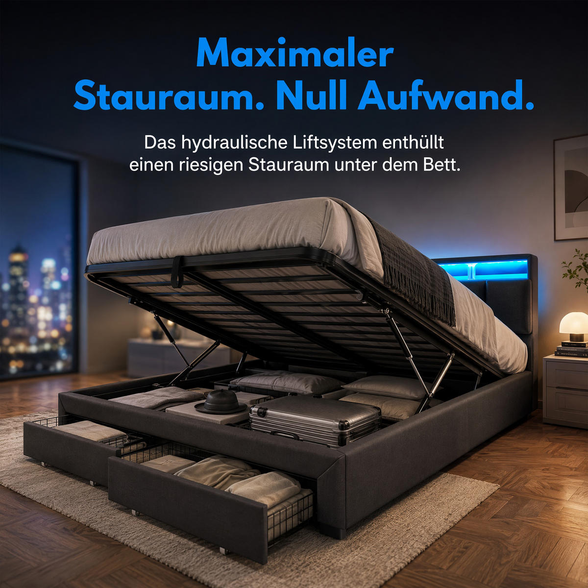 POLSTERBETT 160x200 cm mit Bettkasten, LED und 2 Schubladen, Lattenrost, höhenverstellbares Kopfteil, Grau - Grau, Holz/Textil (160/200cm) - GENKI LIVING