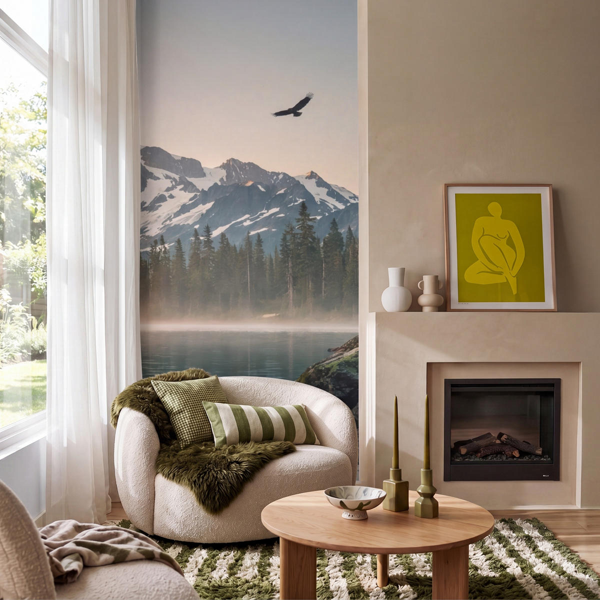 TAPETE - Berge - Wasser - Bäume - 100x200 cm - Multicolor, Papier (100/200cm) - OnlyWow