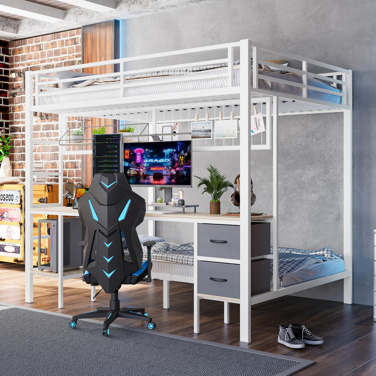 HOCHBETT 140/200 cm Weiß aus Metall und MDF mit Schreibtisch - Weiß, Metall (140/200cm) - OKMYHOME