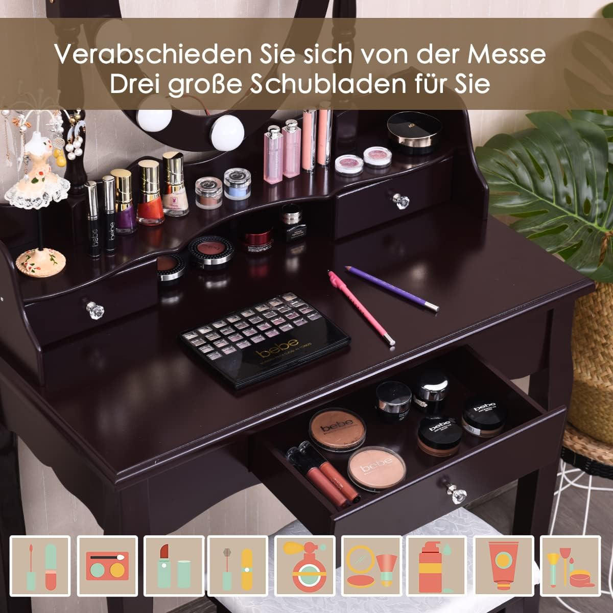 SCHMINKTISCH mit Hocker Weiß - Braun, Holz (40/144/70cm) - COSTWAY