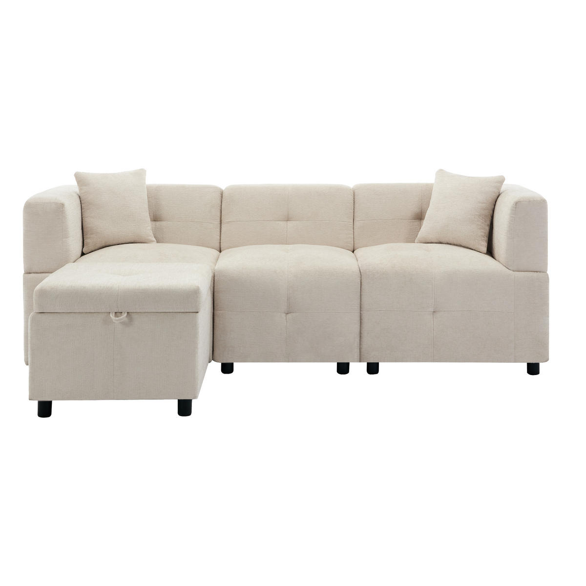 ECKSOFA 3-Sitzer L-Form Stauraum Fußhocker Kissen - Beige, Holz (59.69/59.69cm) - FLIEKS