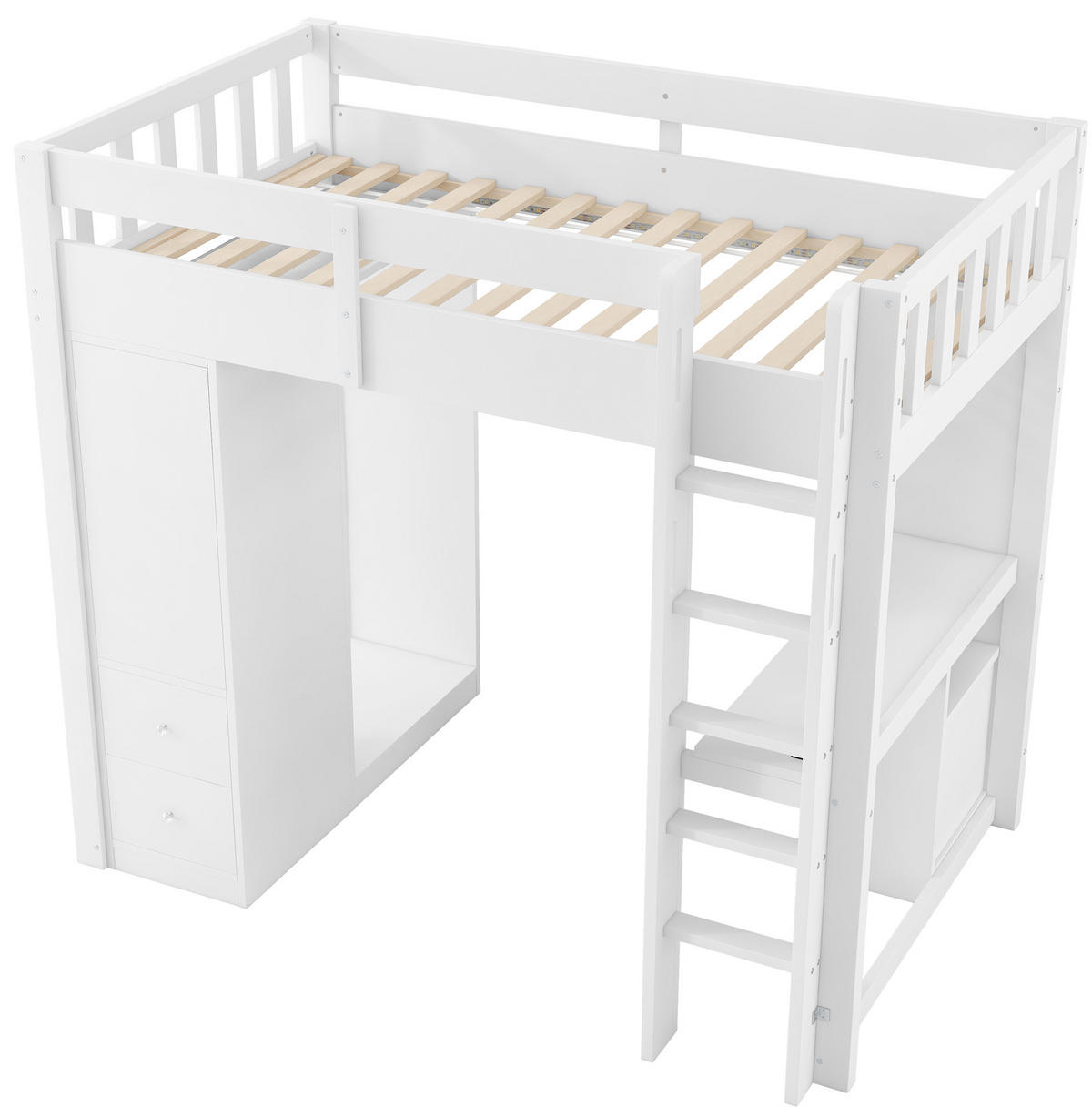 HOCHBETT 90/200 cm aus Massivholz und MDF mit Schreibtisch, LED, USB, 4 Schubladen und Kleiderschrank, Weiß - Weiß, Holzwerkstoff (90/200cm) - Redom